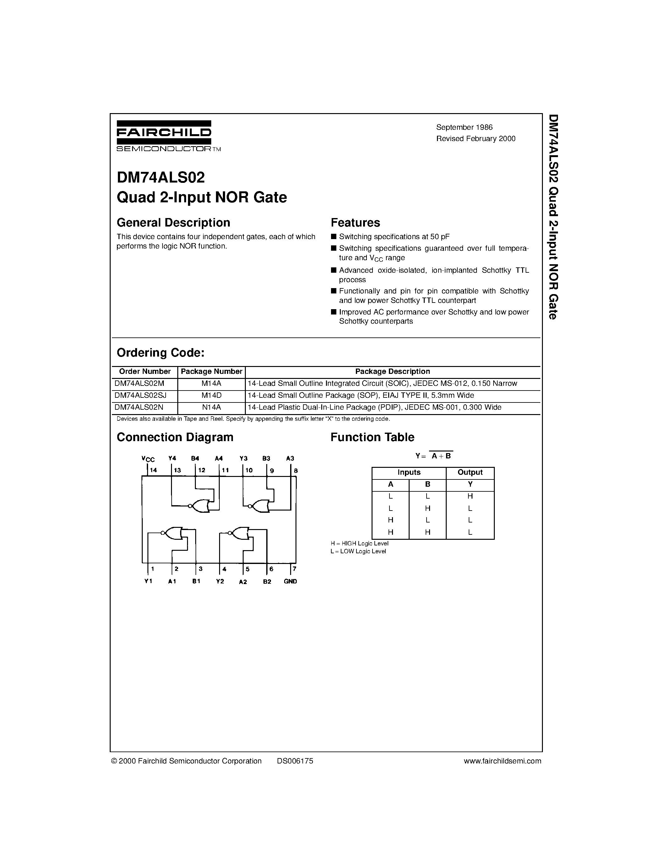Datasheet DM74ALS02 - Quad 2-Input NOR Gate page 1