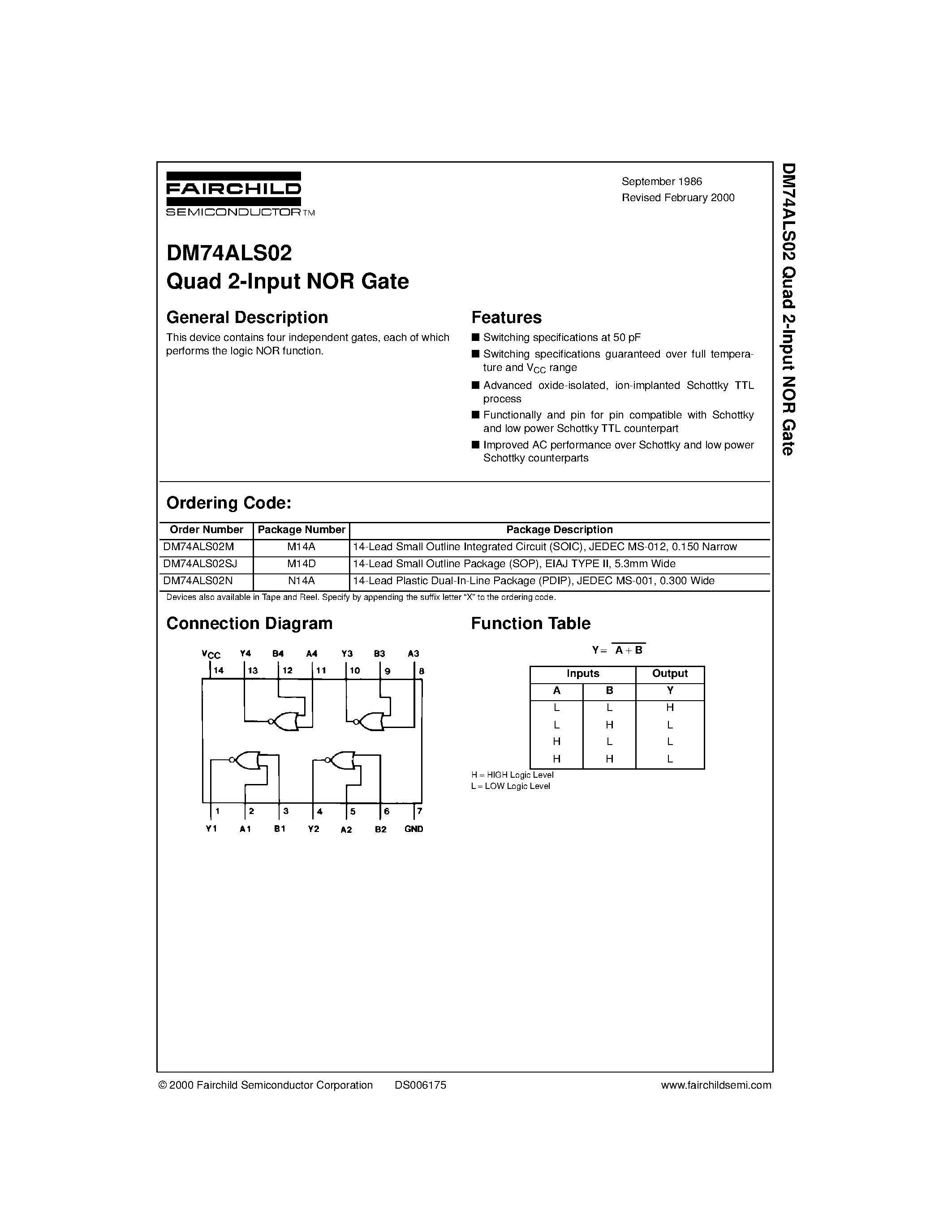 Datasheet DM74ALS02M page 1 Datasheet DM74ALS02M - Quad 2-Input NOR Gate page 1
