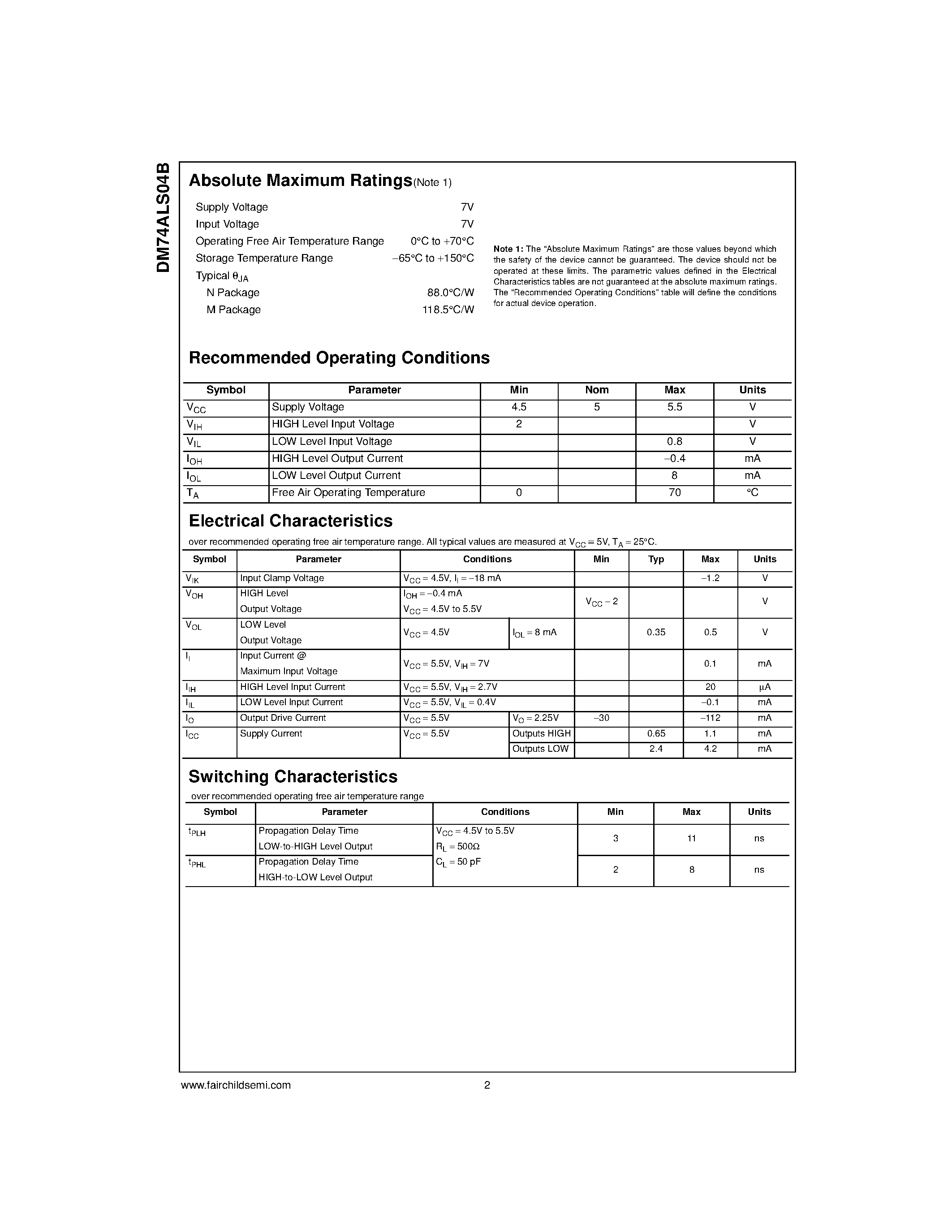 Datasheet DM74ALS04B page 2 Datasheet DM74ALS04B - Hex Inverter page 2
