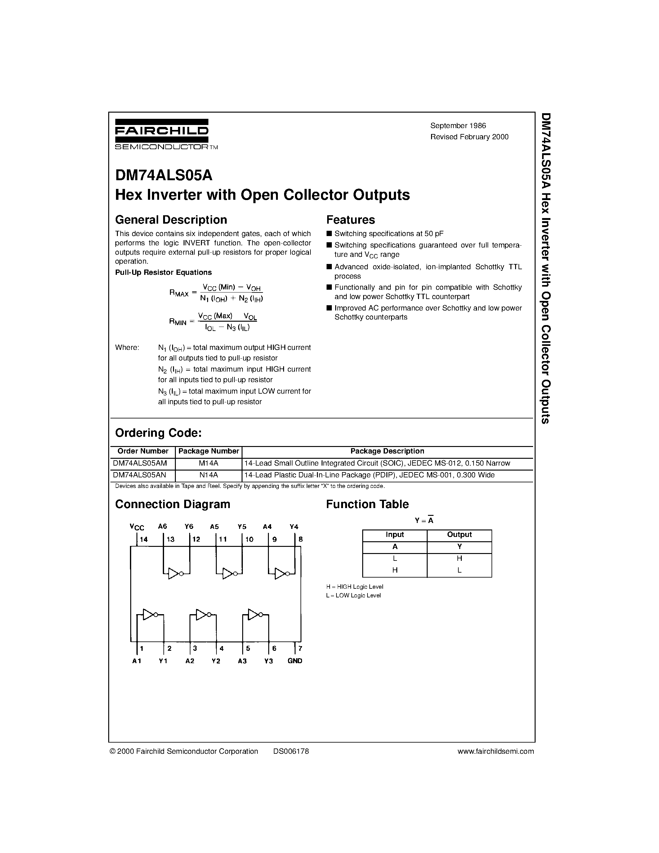 Datasheet DM74ALS05A page 1 Datasheet DM74ALS05A - Hex Inverter with Open Collector Outputs page 1