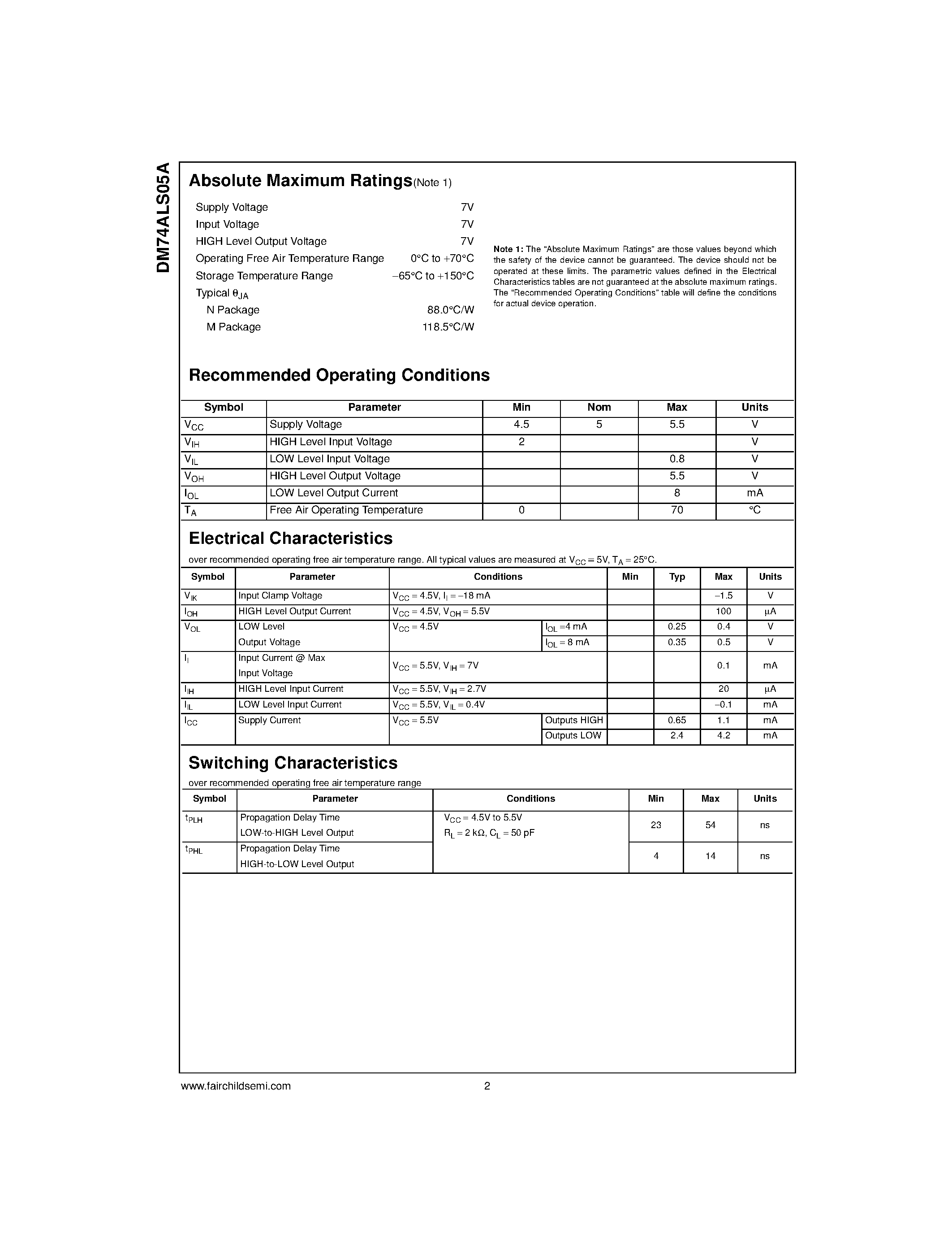 Datasheet DM74ALS05A page 2 Datasheet DM74ALS05A - Hex Inverter with Open Collector Outputs page 2