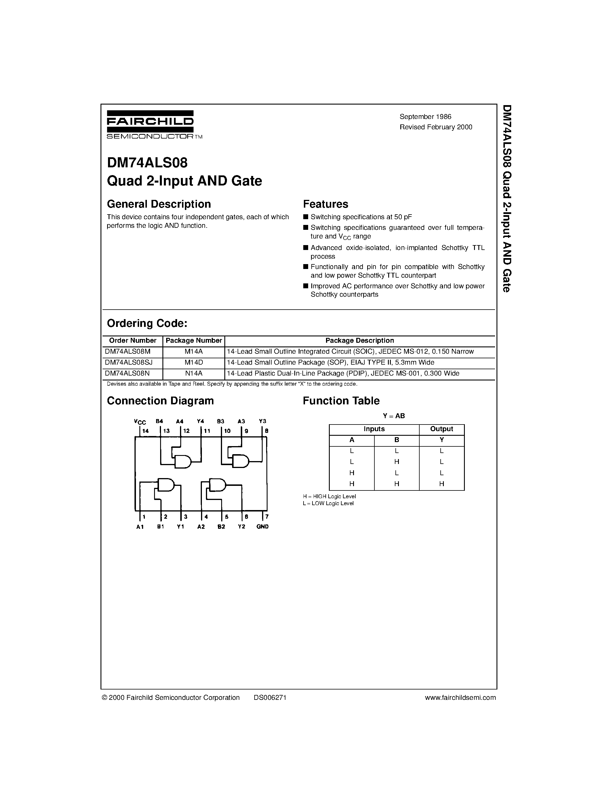 Datasheet DM74ALS08N - Quad 2-Input AND Gate page 1