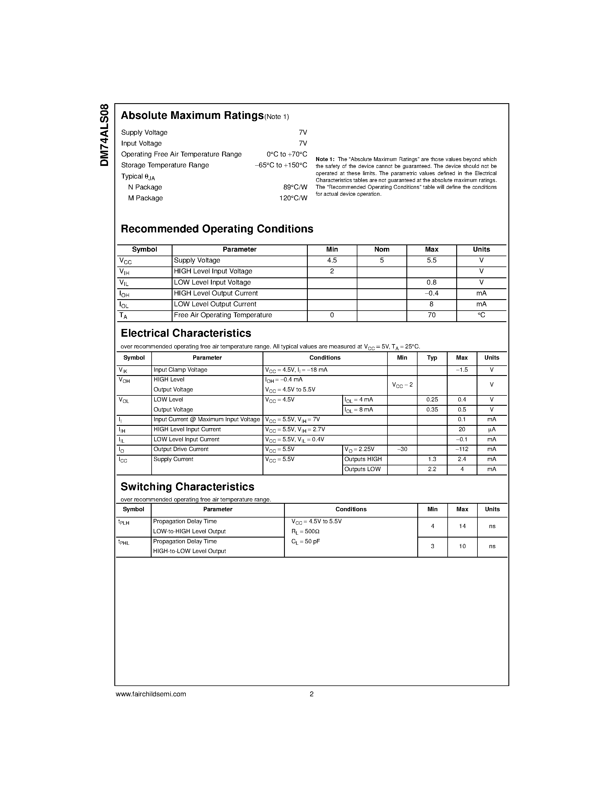 Datasheet DM74ALS08N - Quad 2-Input AND Gate page 2