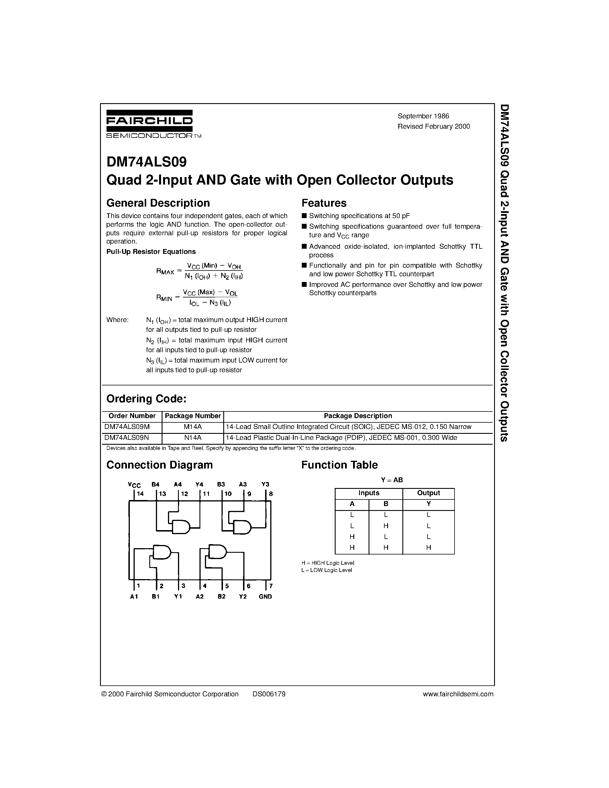 Datasheet DM74ALS09M page 1 Datasheet DM74ALS09M - Quad 2-Input AND Gate with Open Collector Outputs page 1