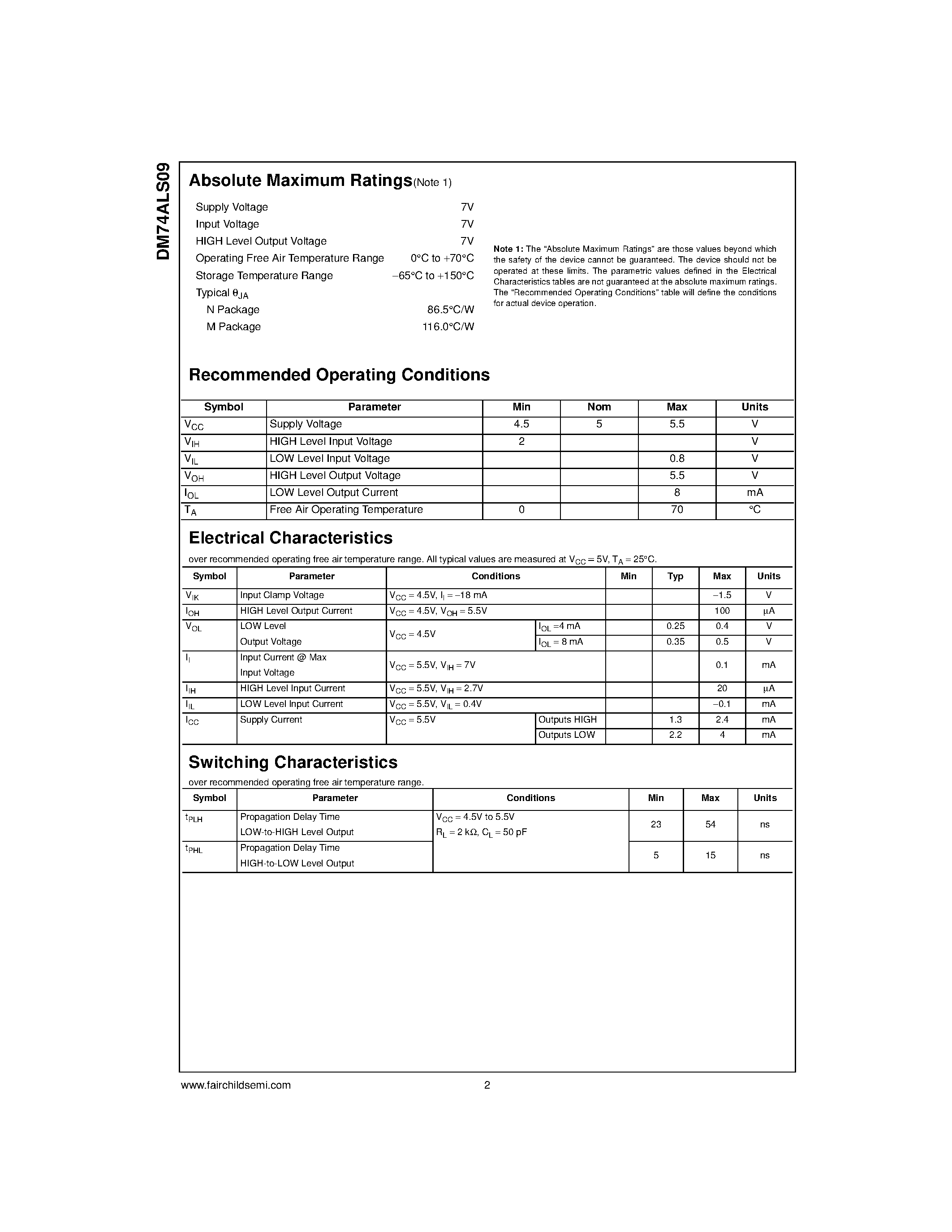 Datasheet DM74ALS09M page 2 Datasheet DM74ALS09M - Quad 2-Input AND Gate with Open Collector Outputs page 2