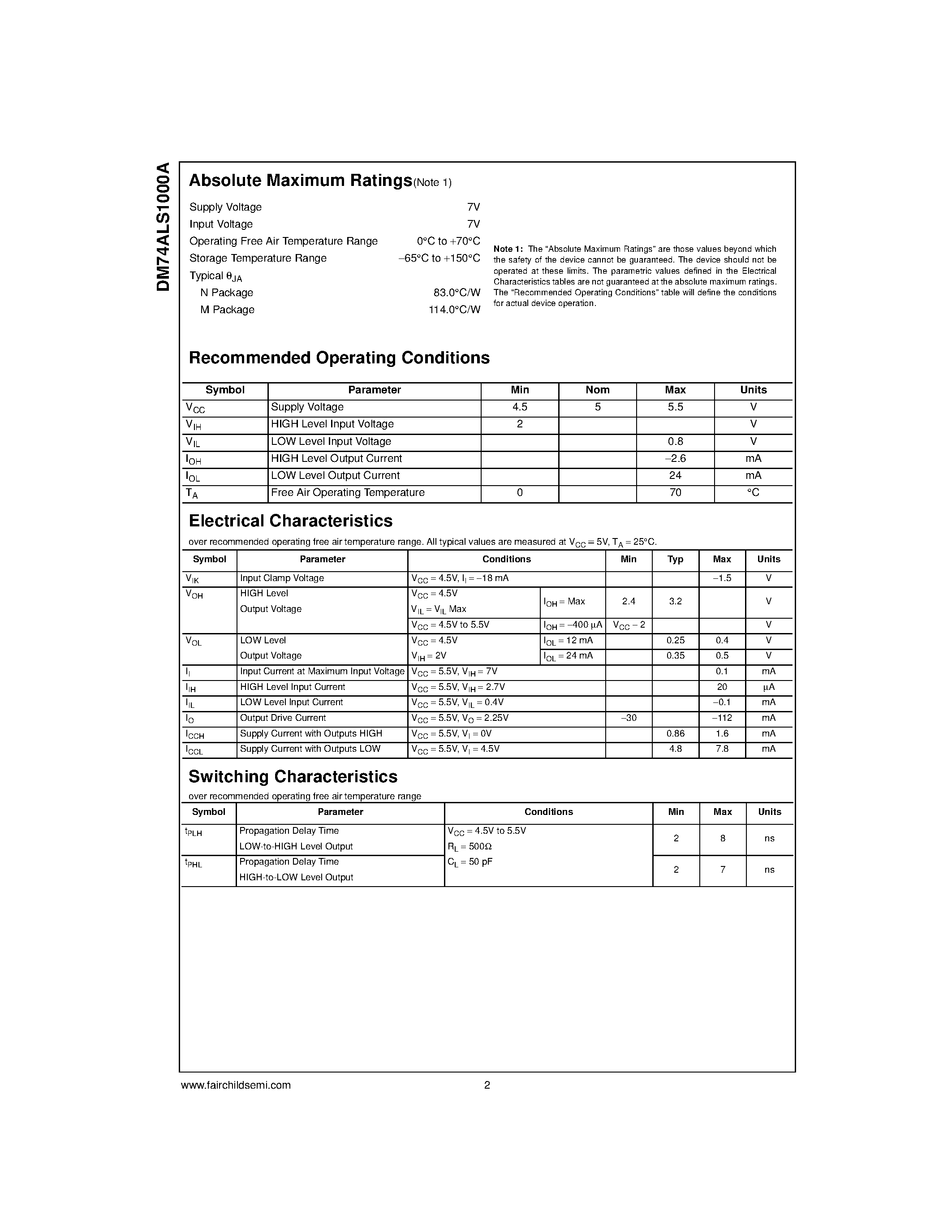 Datasheet DM74ALS1000A page 2 Datasheet DM74ALS1000A - Quadruple 2-Input NAND Buffer page 2