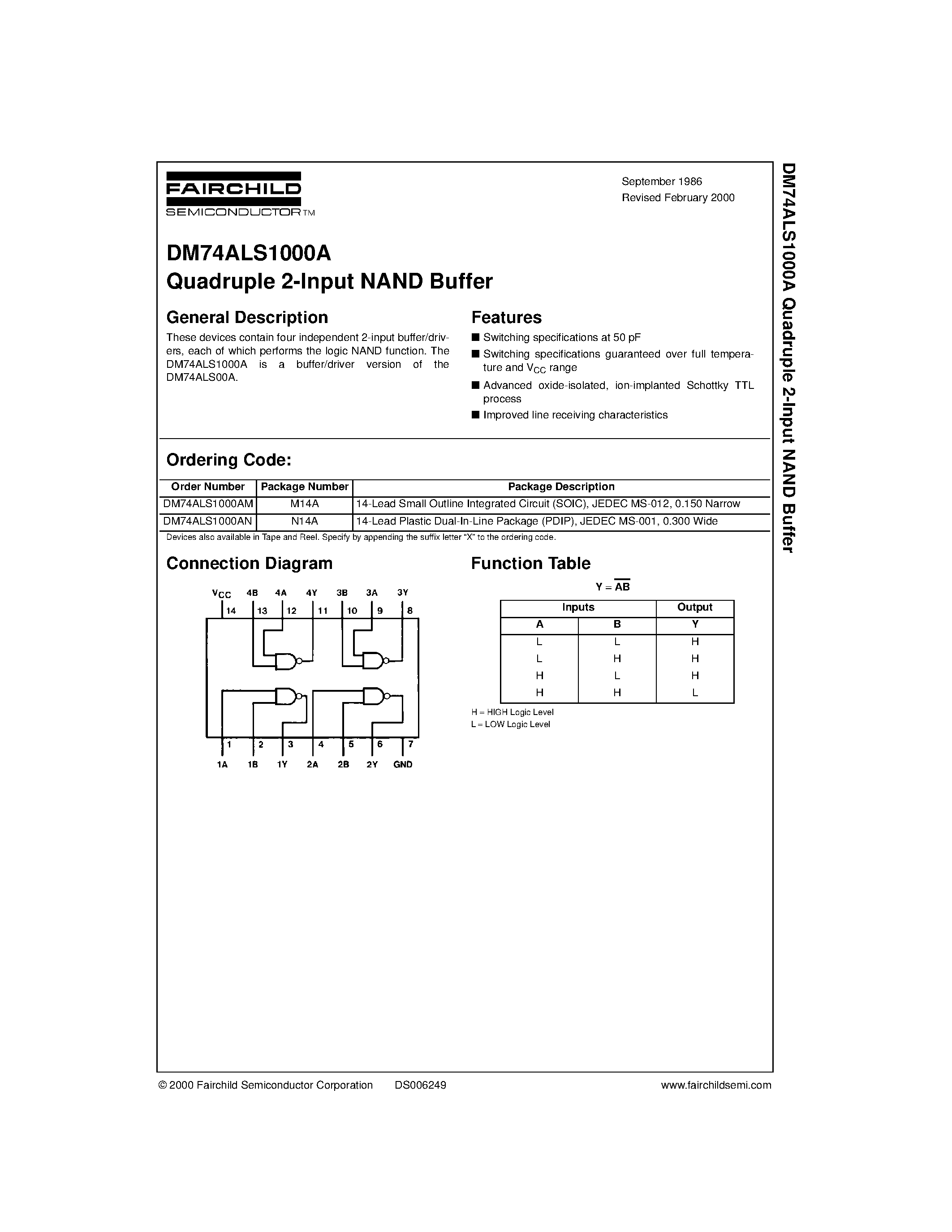 Datasheet DM74ALS1000AN page 1 Datasheet DM74ALS1000AN - Quadruple 2-Input NAND Buffer page 1