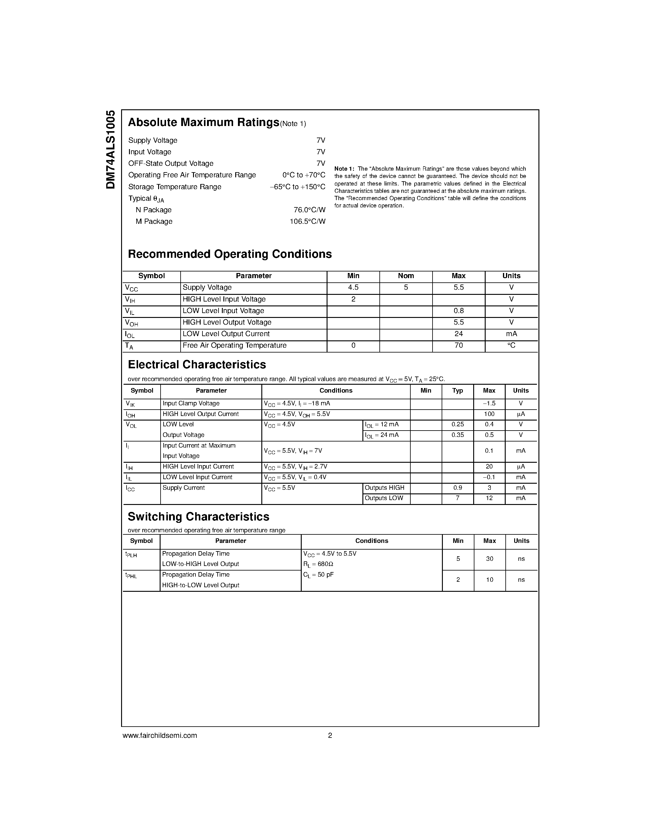 Datasheet DM74ALS1005 - Hex Inverting Driver with Open Collector Outputs page 2