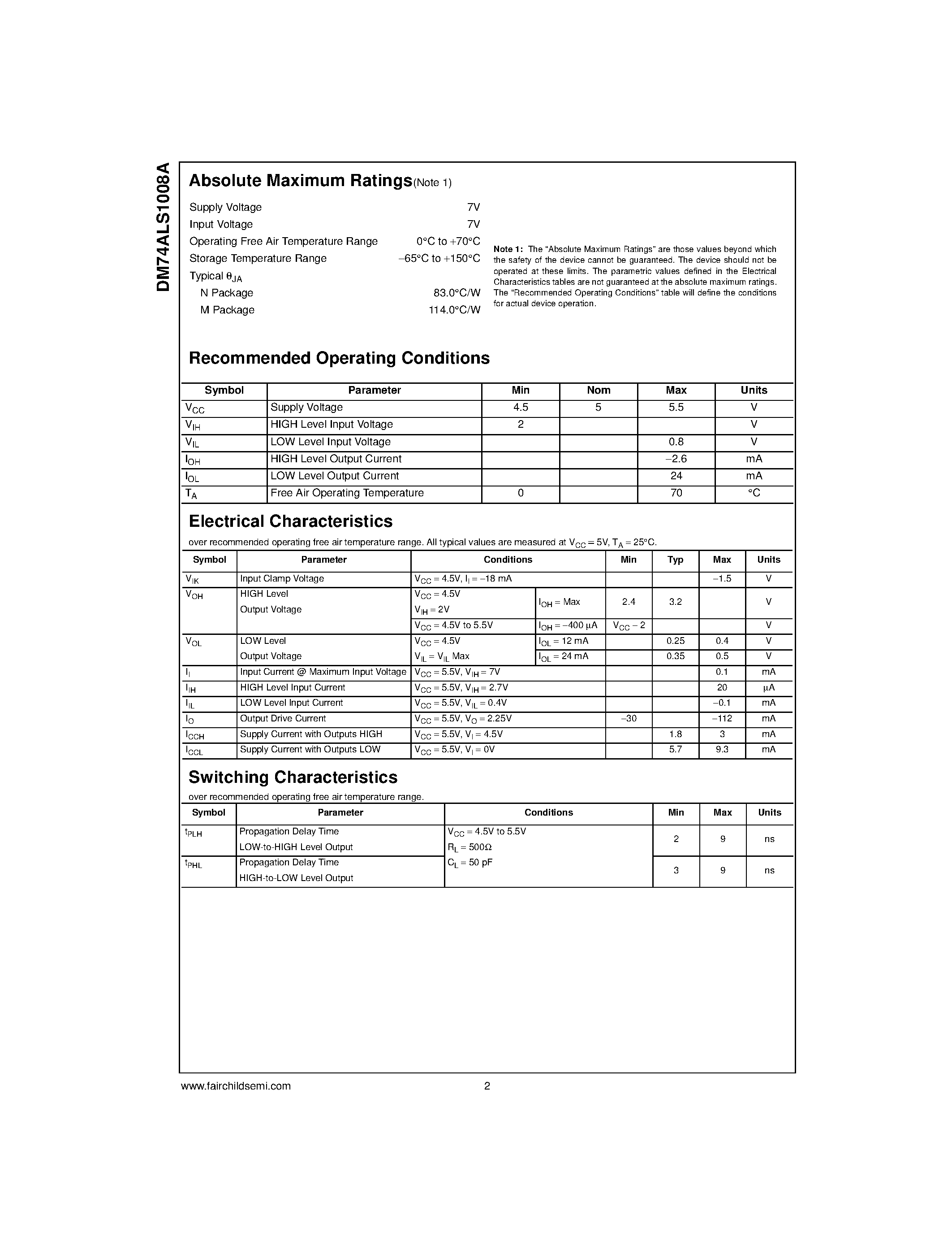 Datasheet DM74ALS1008A page 2 Datasheet DM74ALS1008A - Quadruple 2-Input AND Buffer page 2