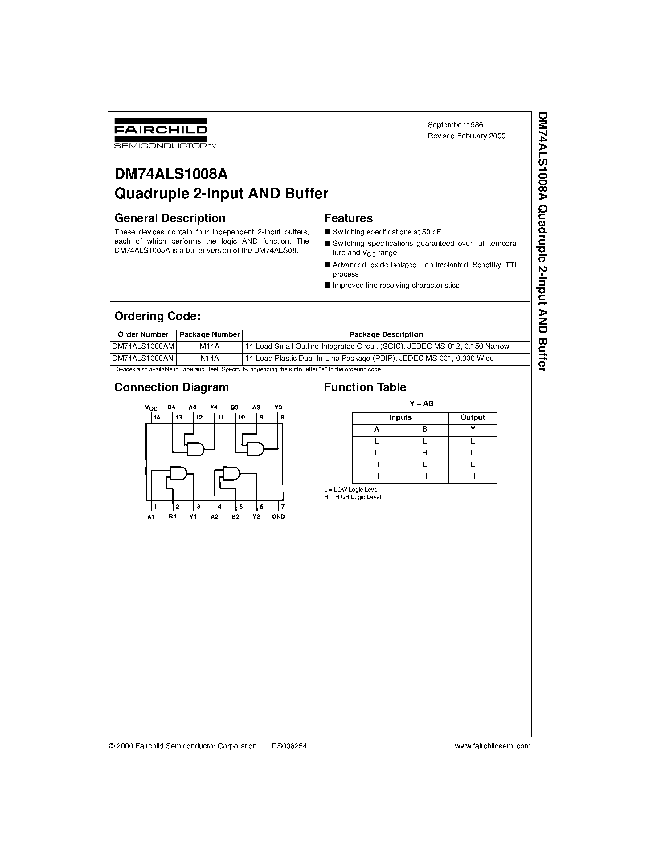 Datasheet DM74ALS1008AN - Quadruple 2-Input AND Buffer page 1
