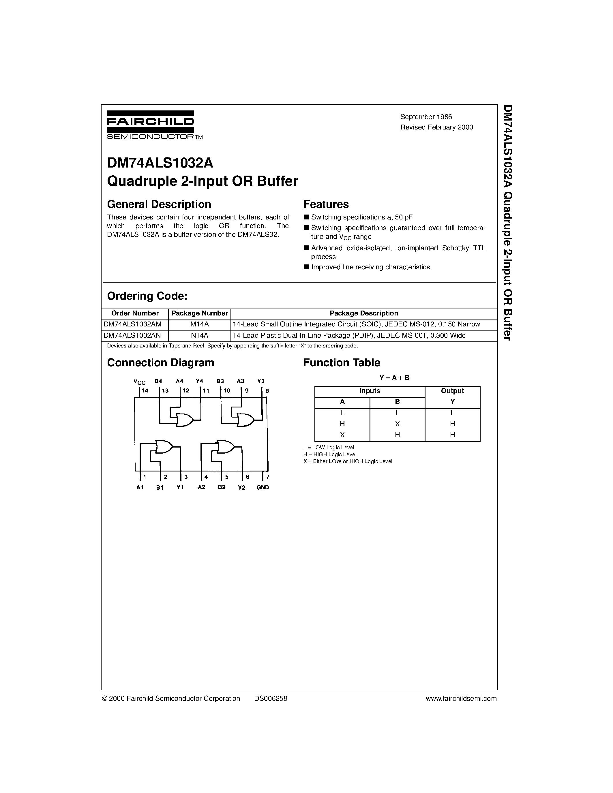 Datasheet DM74ALS1032A - Quadruple 2-Input OR Buffer page 1