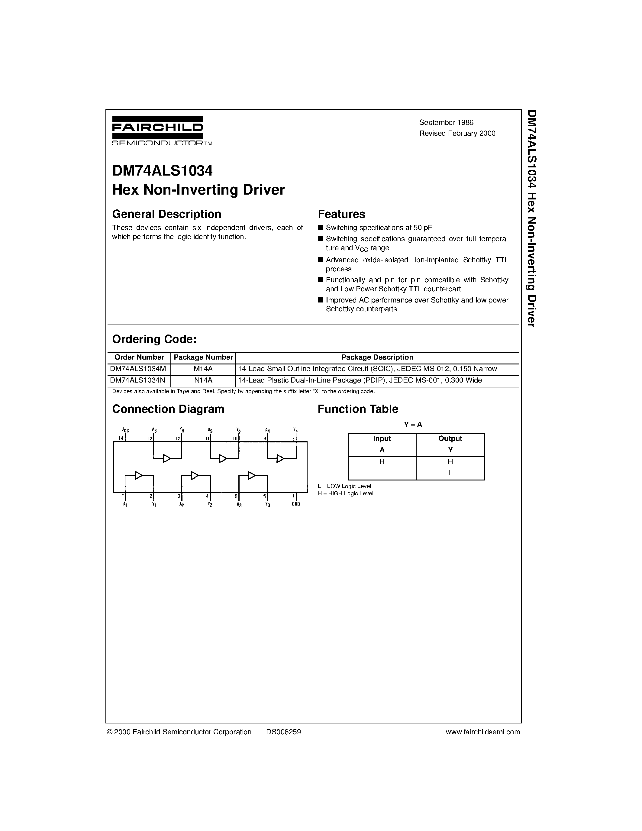 Datasheet DM74ALS1034M - Hex Non-Inverting Driver page 1