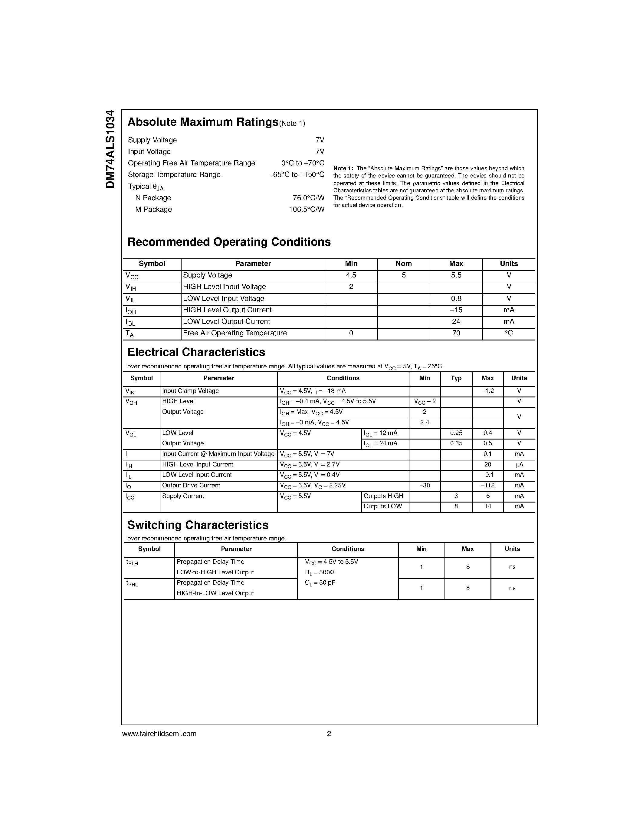 Datasheet DM74ALS1034N page 2 Datasheet DM74ALS1034N - Hex Non-Inverting Driver page 2