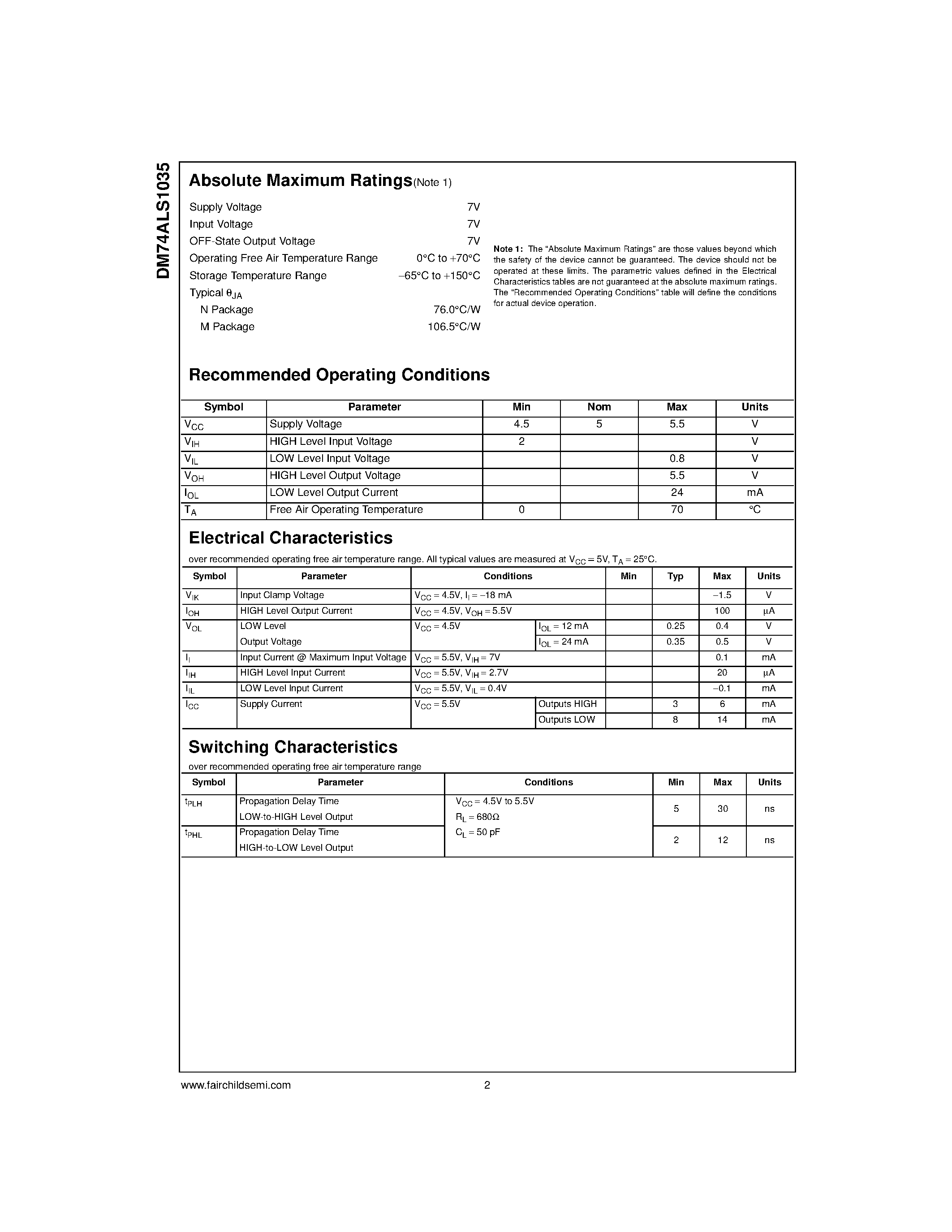 Datasheet DM74ALS1035 page 2 Datasheet DM74ALS1035 - Hex Non-Inverting Driver with Open Collector Outputs page 2