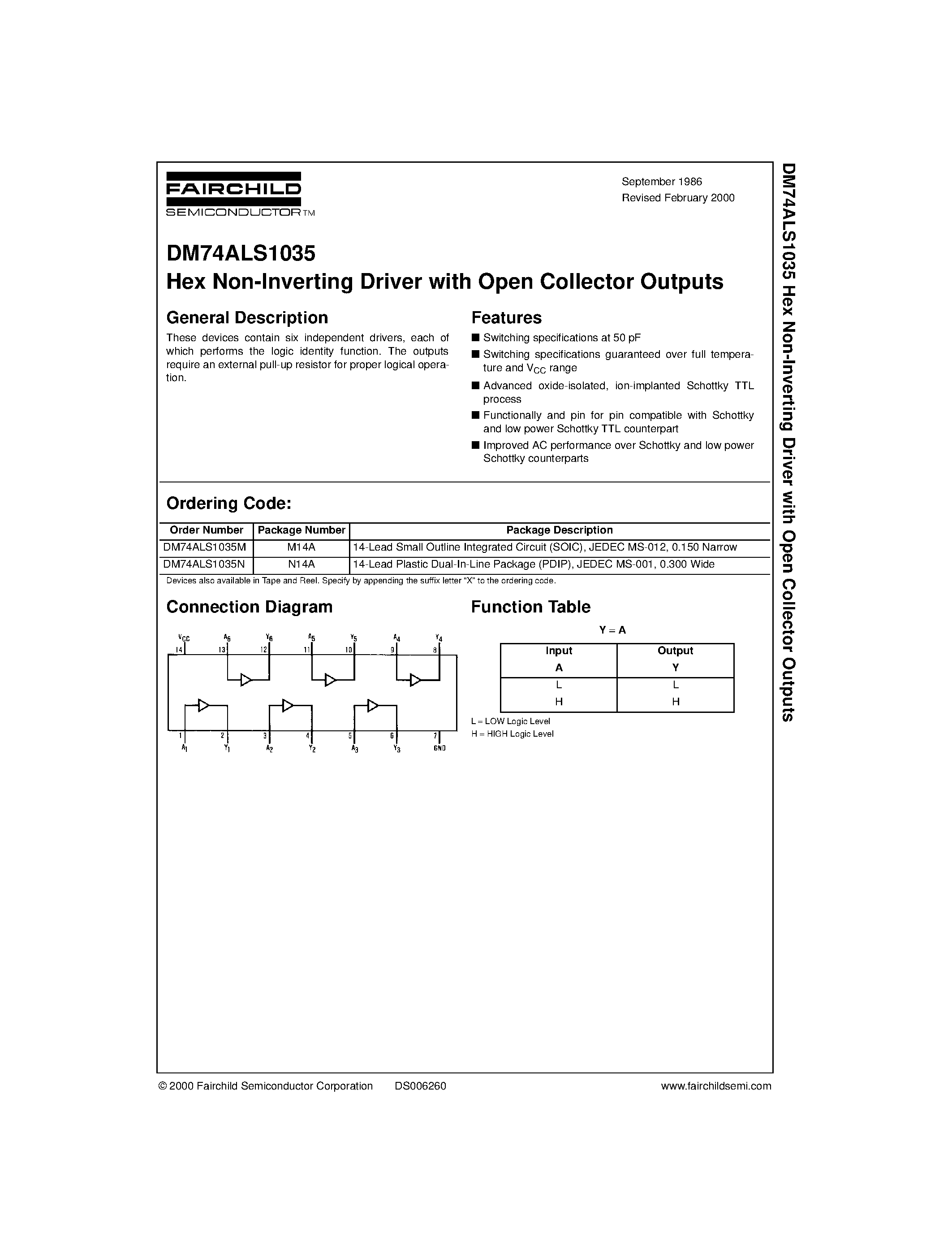 Datasheet DM74ALS1035N page 1 Datasheet DM74ALS1035N - Hex Non-Inverting Driver with Open Collector Outputs page 1