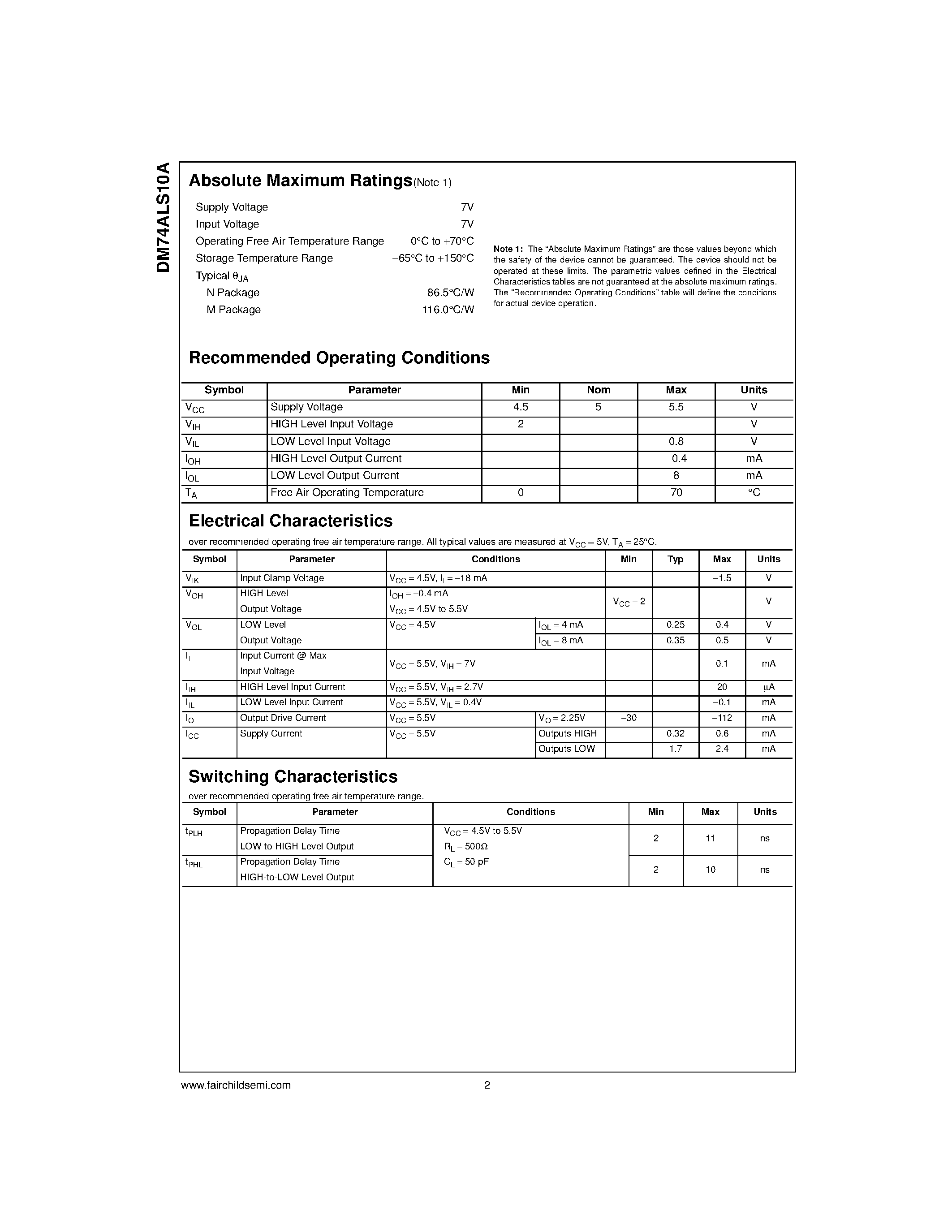Datasheet DM74ALS10AN - Triple 3-Input NAND Gate page 2