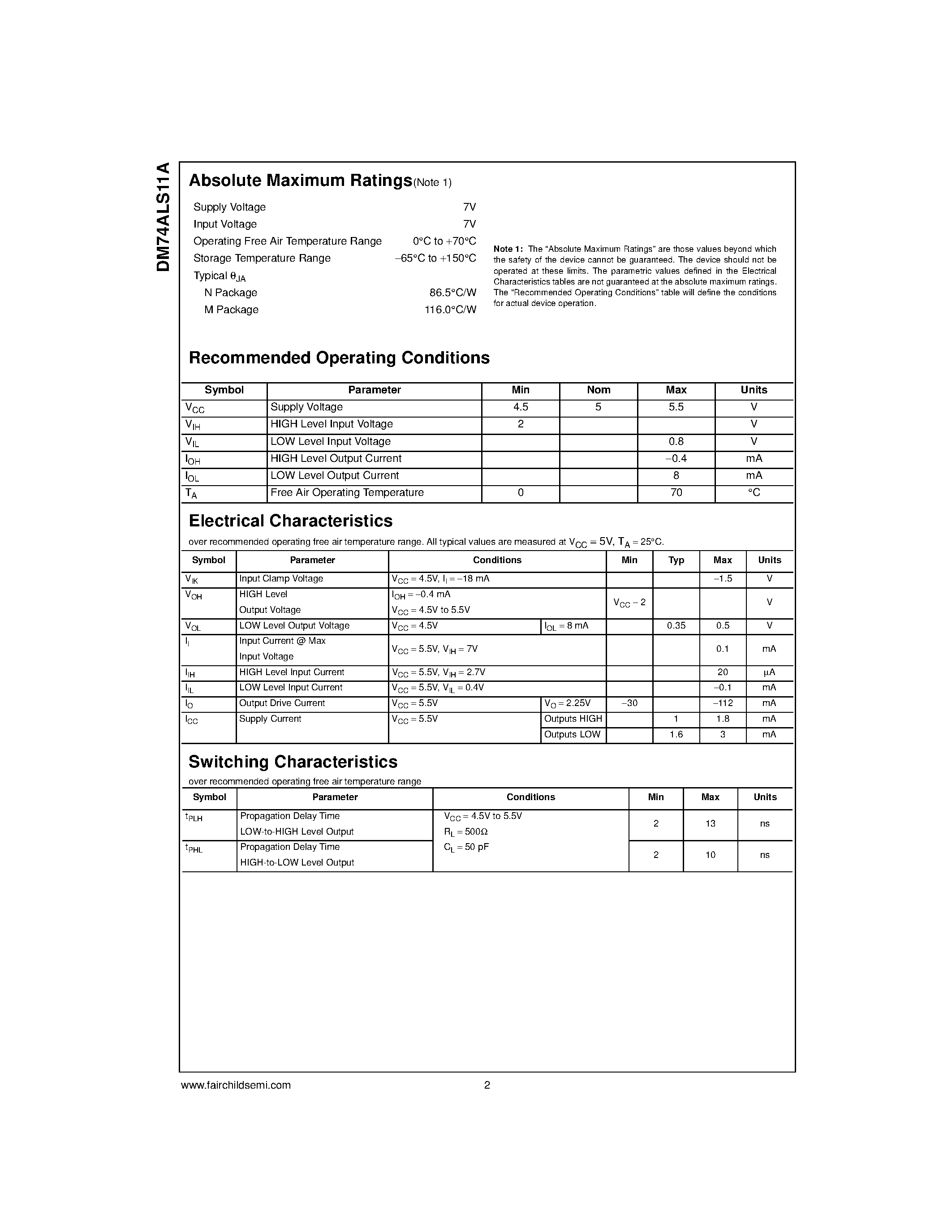 Datasheet DM74ALS11AN page 2 Datasheet DM74ALS11AN - Triple 3-Input AND Gate page 2