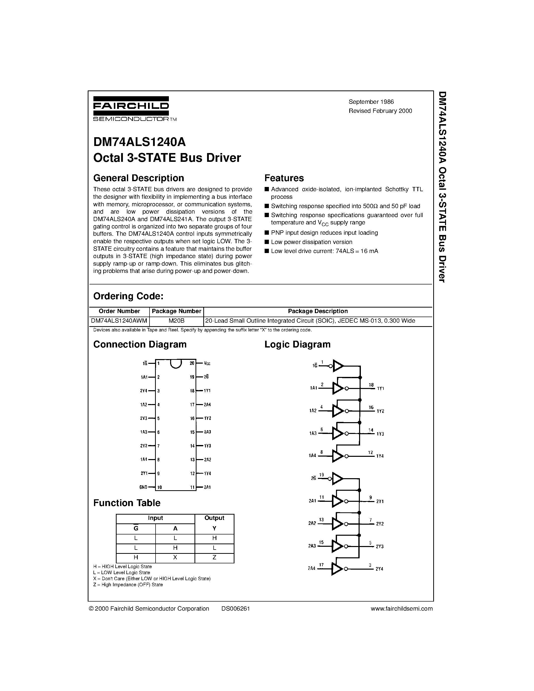 Datasheet DM74ALS1240AWM page 1 Datasheet DM74ALS1240AWM - Octal 3-STATE Bus Driver page 1
