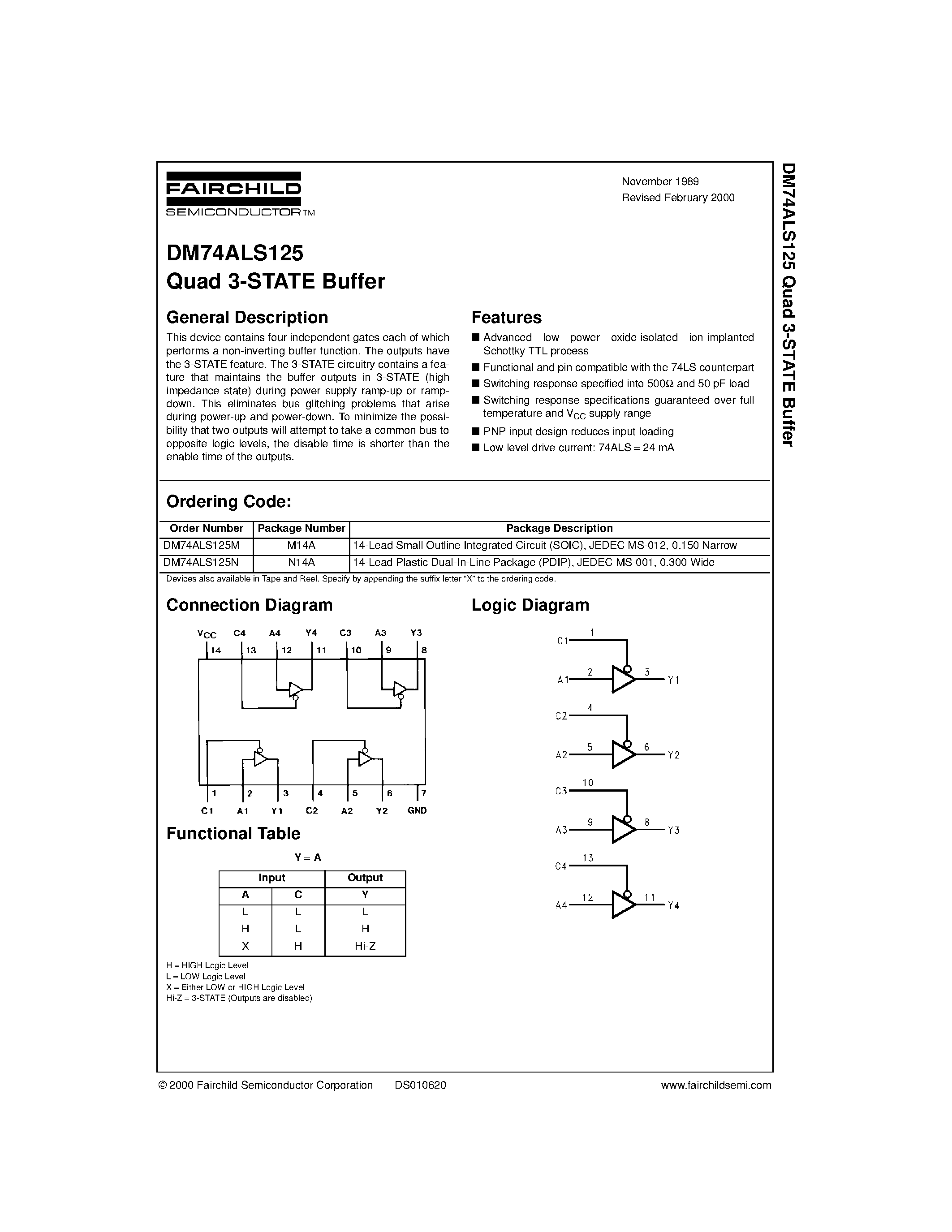 Datasheet DM74ALS125 page 1 Datasheet DM74ALS125 - Quad 3-STATE Buffer page 1