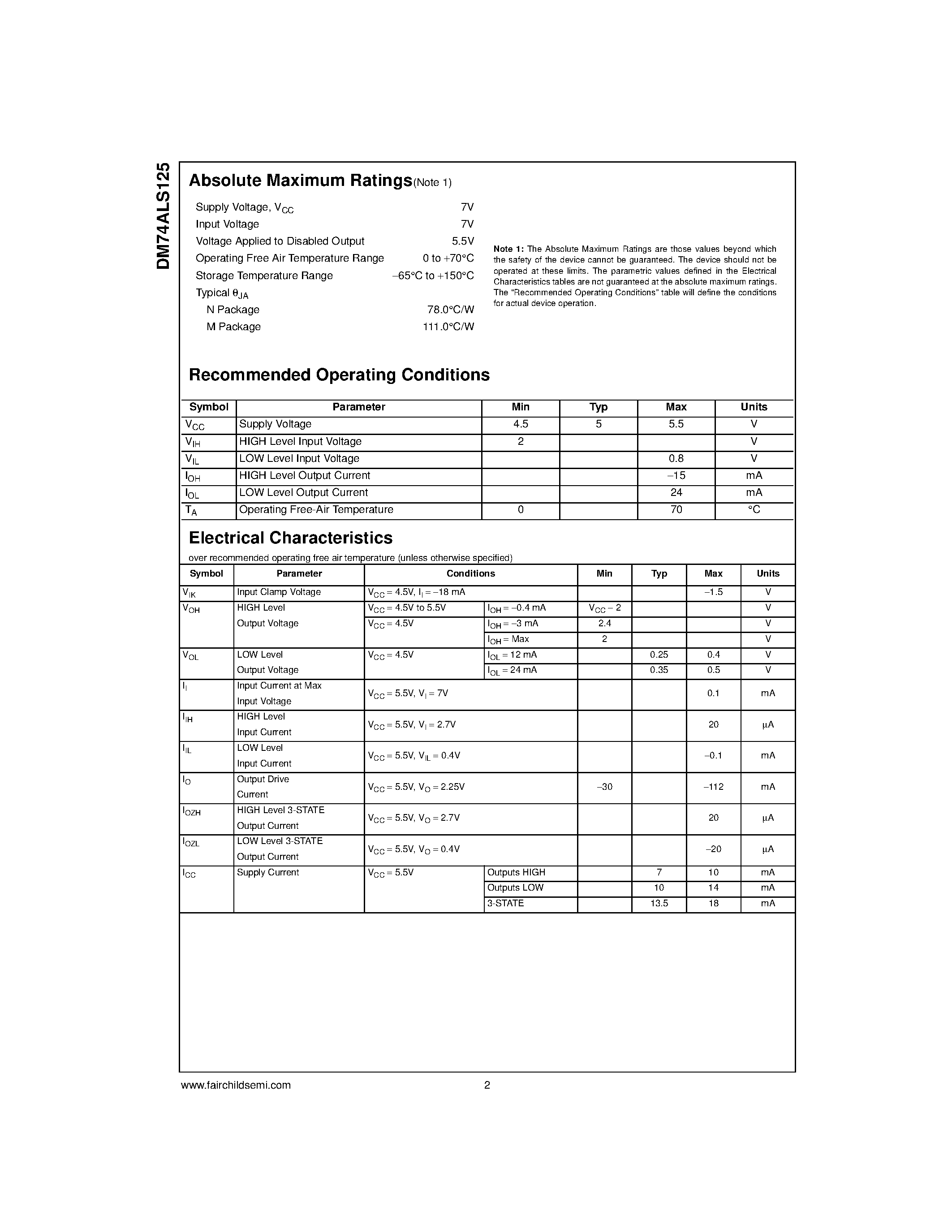 Datasheet DM74ALS125 page 2 Datasheet DM74ALS125 - Quad 3-STATE Buffer page 2