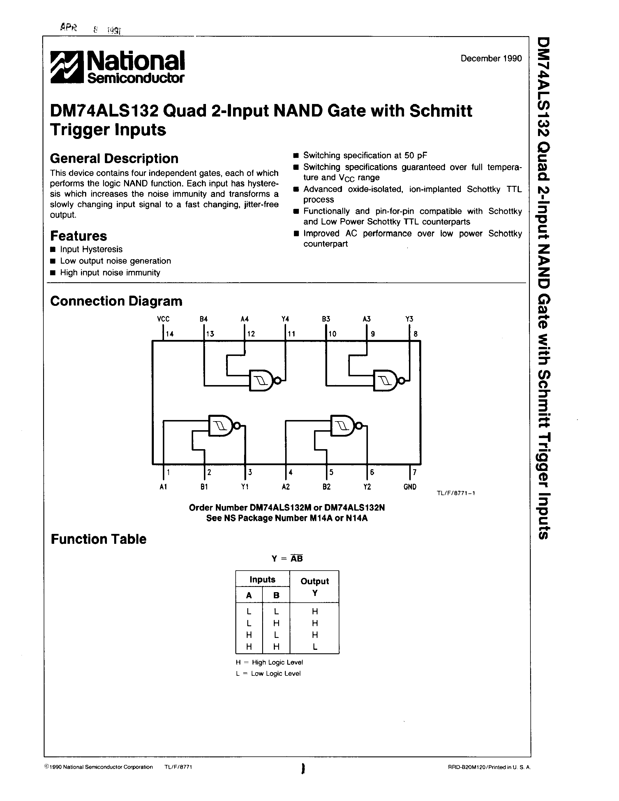 Даташит на микросхему DM74ALS132N страница 1 Даташит DM74ALS132N - DM74ALS132 Quad 2-Input NAND Gate with Schmitt Trigger Inputs страница 1