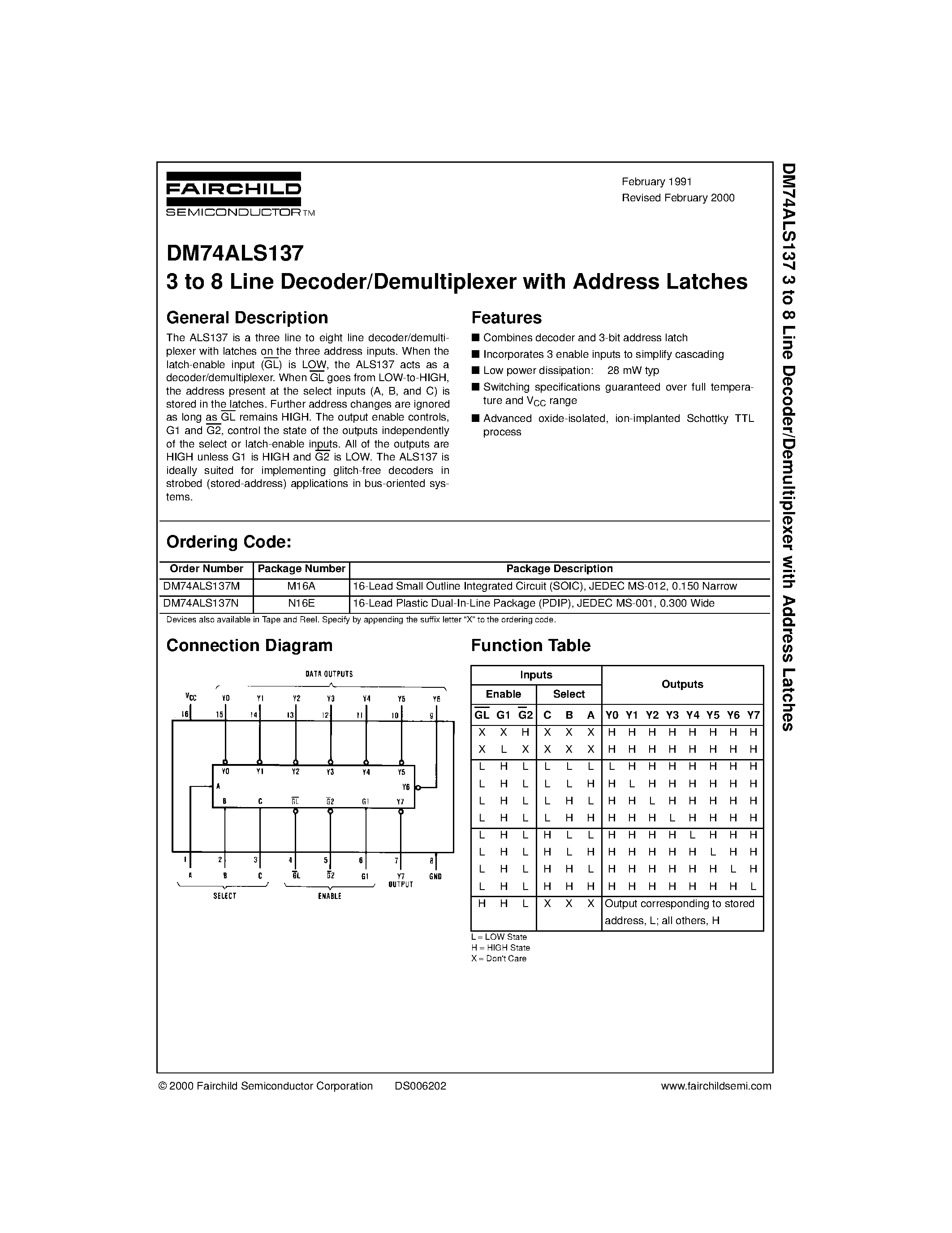 Datasheet DM74ALS137N page 1 Datasheet DM74ALS137N - 3 to 8 Line Decoder/Demultiplexer with Address Latches page 1