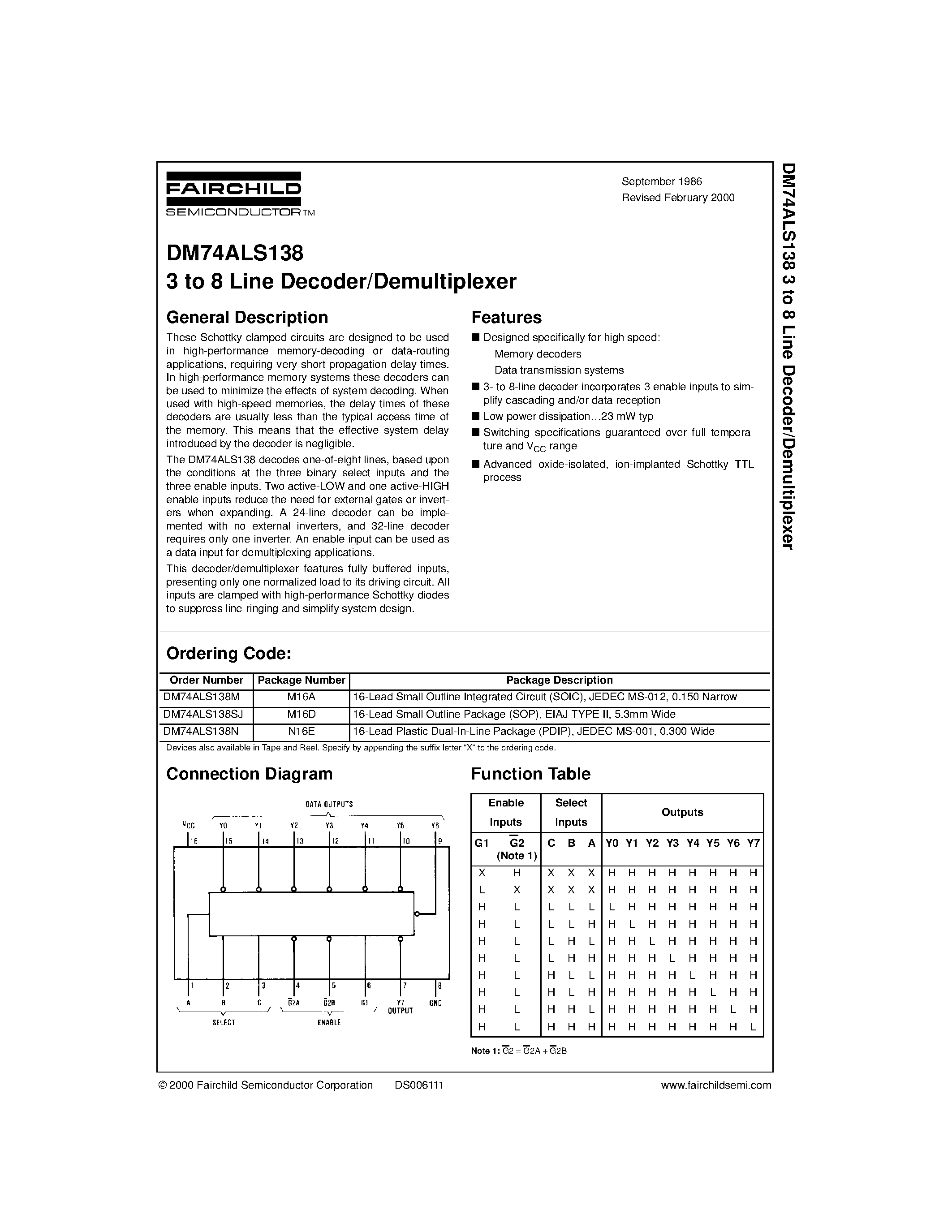 Datasheet DM74ALS138M page 1 Datasheet DM74ALS138M - 3 to 8 Line Decoder/Demultiplexer page 1