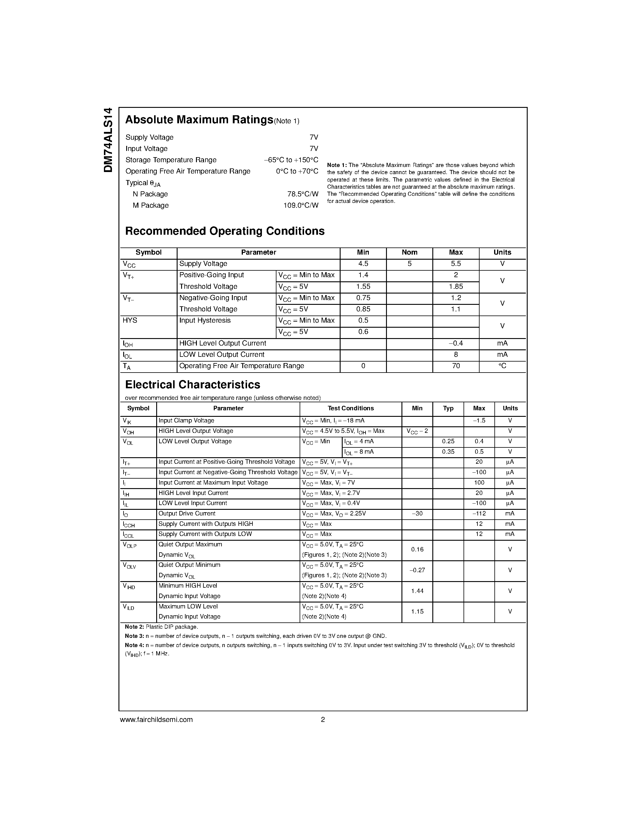 Datasheet DM74ALS14SJ page 2 Datasheet DM74ALS14SJ - Hex Inverter with Schmitt Trigger Inputs page 2