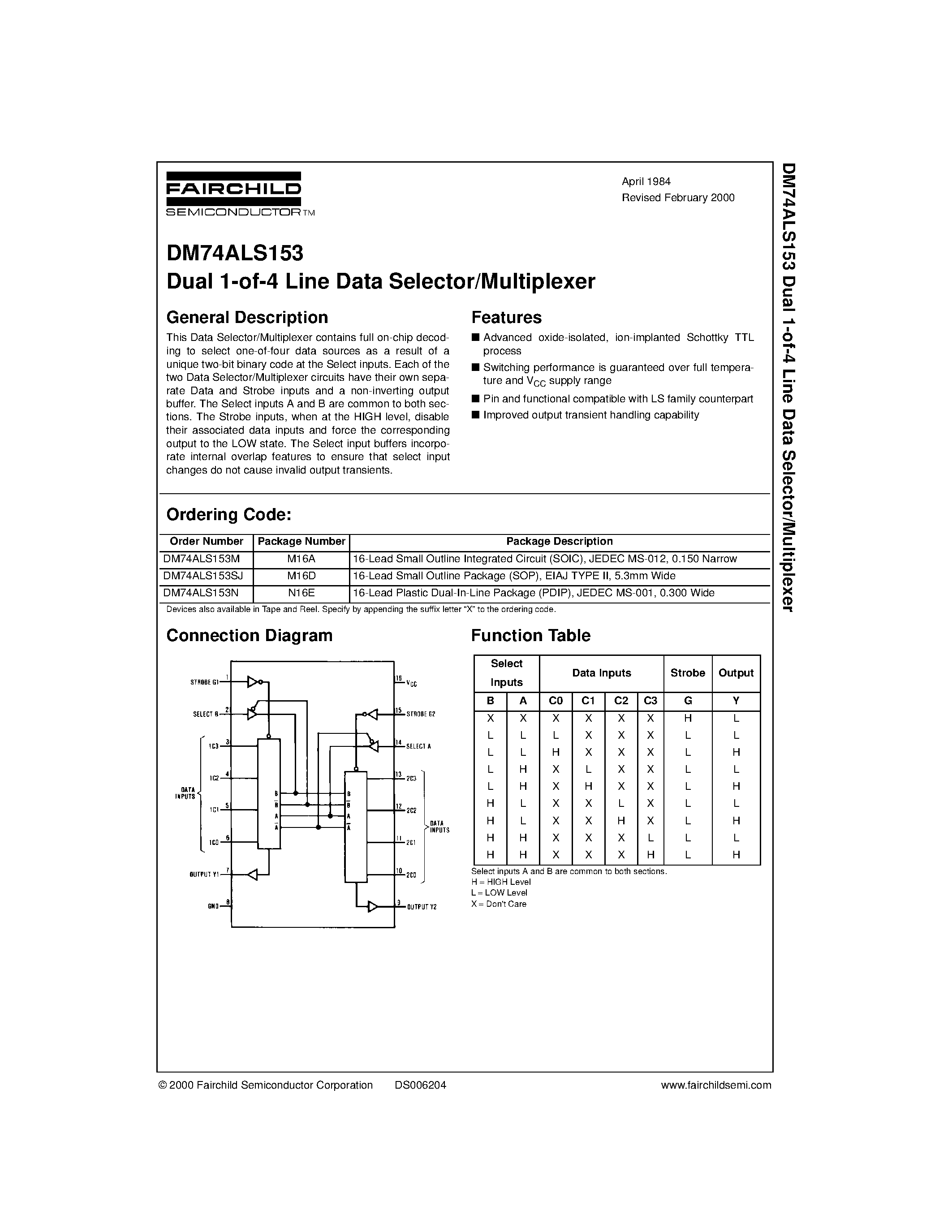 Datasheet DM74ALS153M - Dual 1-of-4 Line Data Selector/Multiplexer page 1