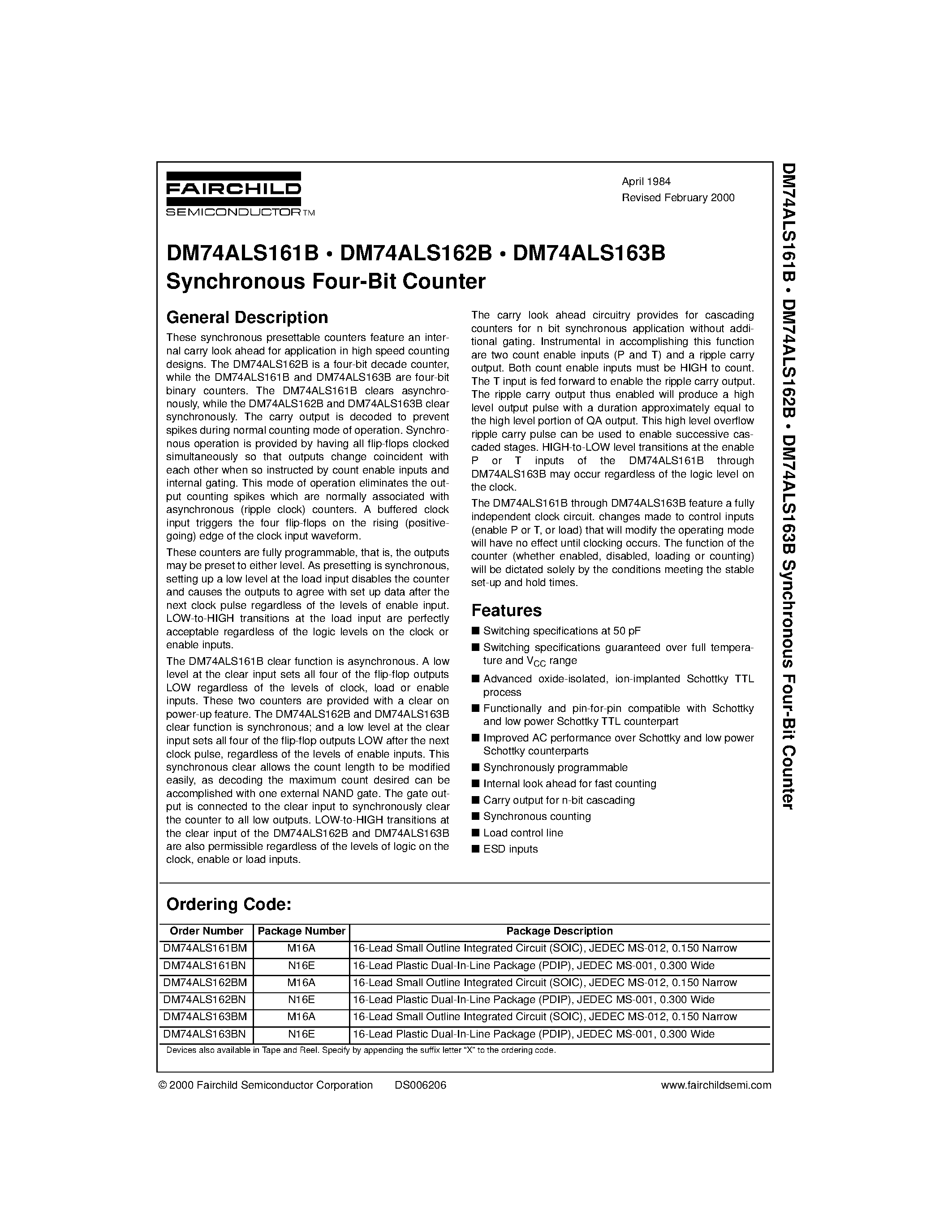Datasheet DM74ALS162BM page 1 Datasheet DM74ALS162BM - Synchronous Four-Bit Counter page 1