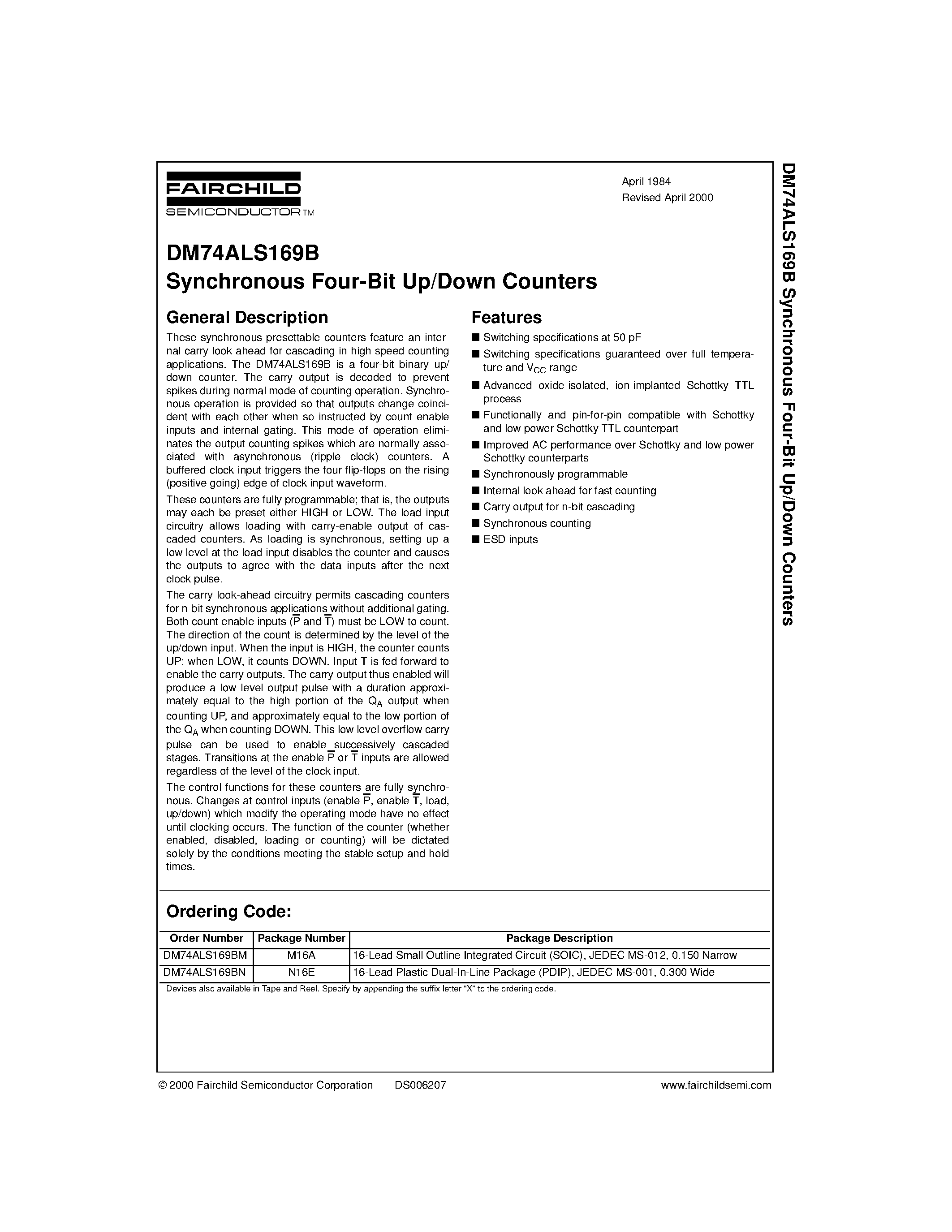 Даташит DM74ALS169 - Synchronous Four-Bit Up/Down Counters страница 1