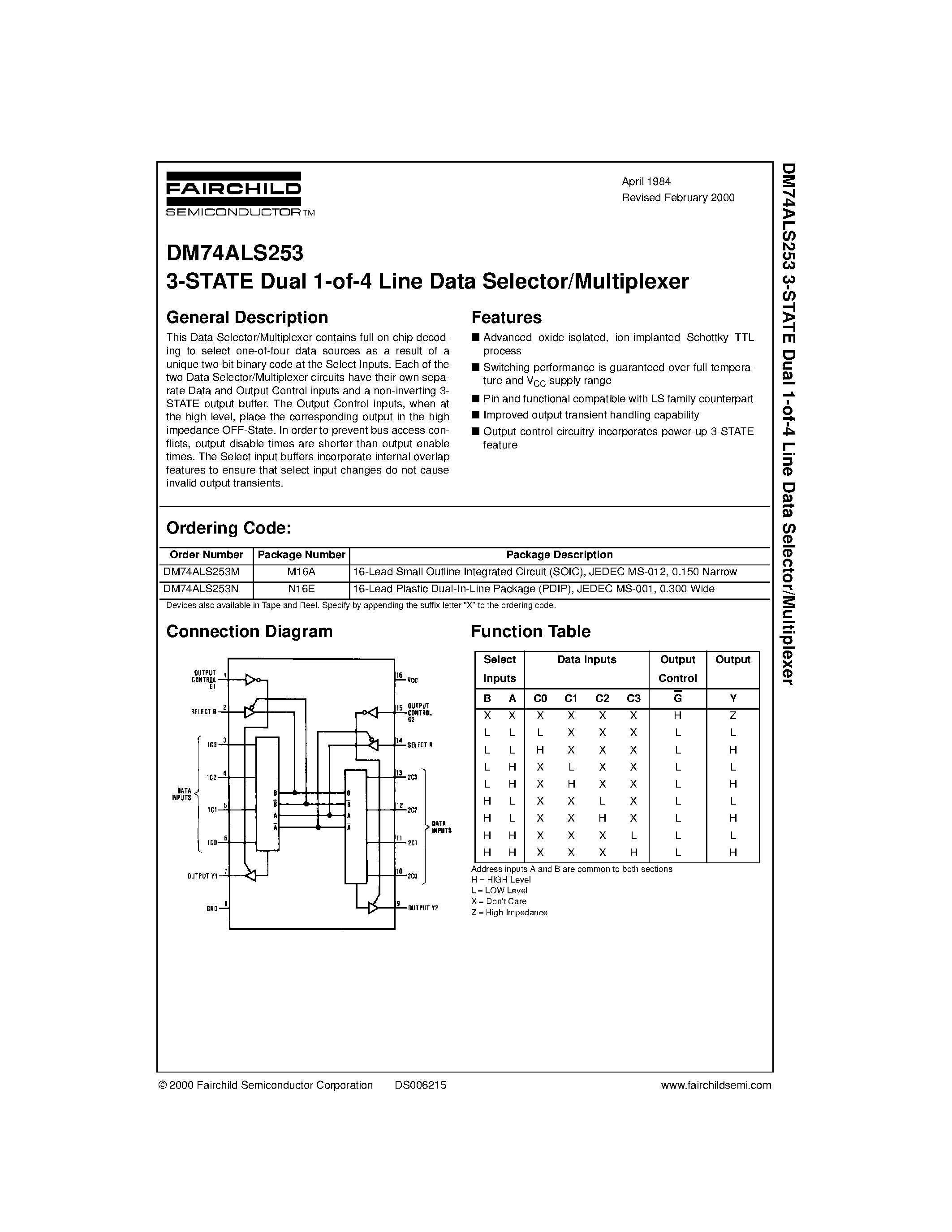 Даташит DM74ALS253M - 3-STATE Dual 1-of-4 Line Data Selector/Multiplexer страница 1