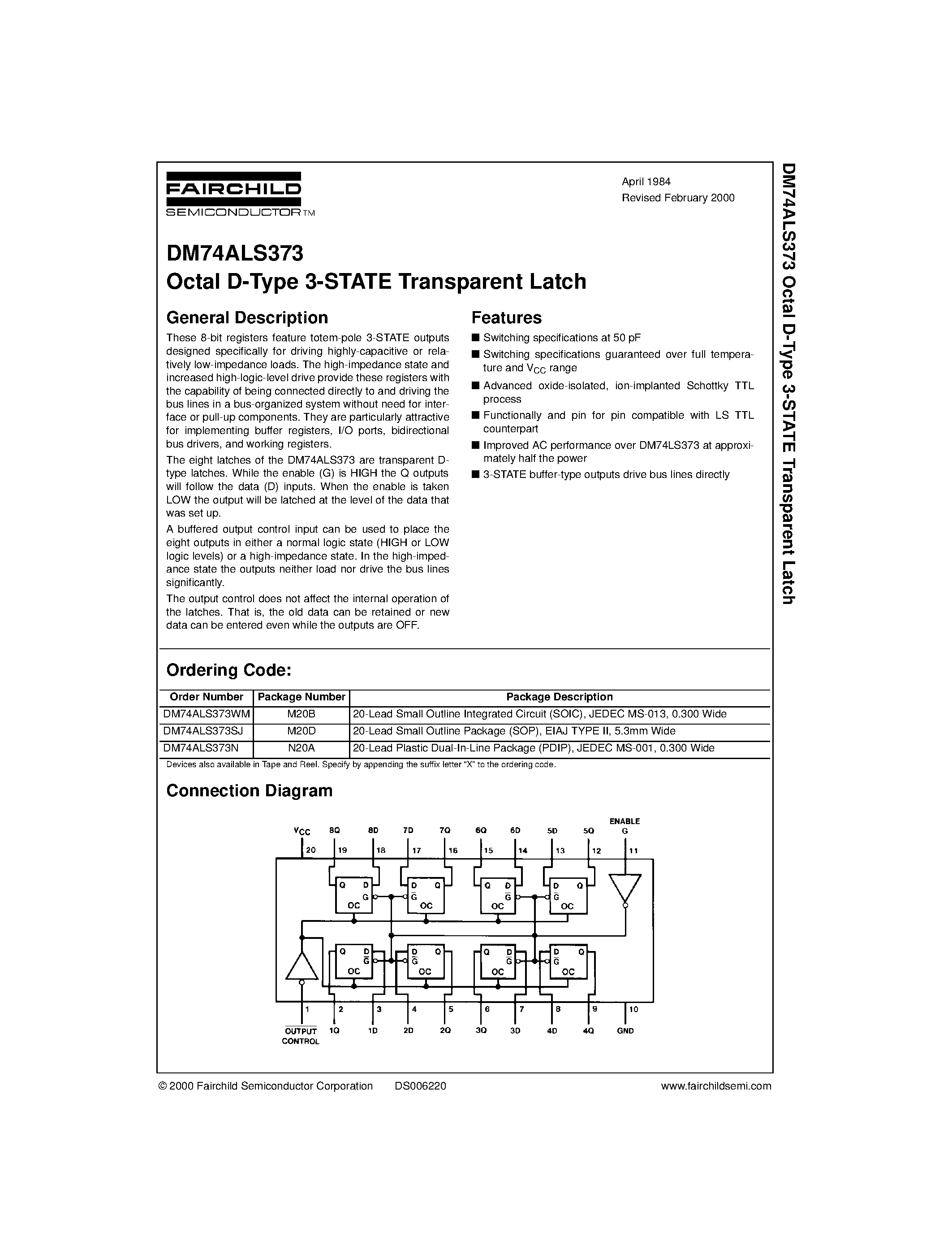 Даташит DM74ALS373N - Octal D-Type 3-STATE Transparent Latch страница 1