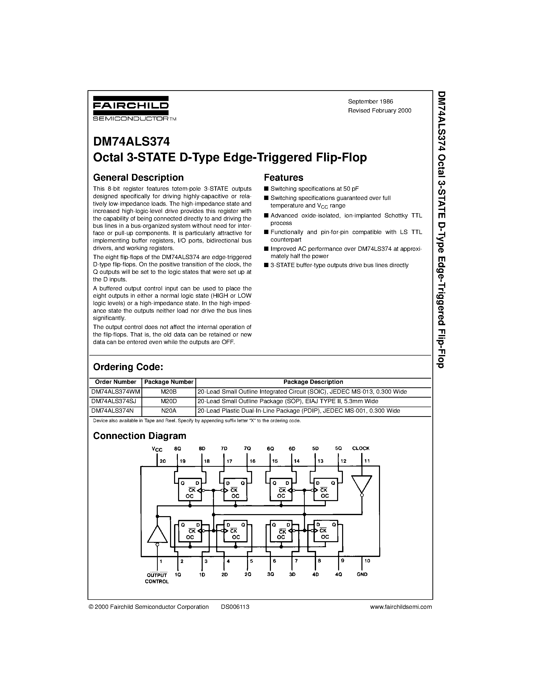Datasheet DM74ALS374WM page 1 Datasheet DM74ALS374WM - Octal 3-STATE D-Type Edge-Triggered Flip-Flop page 1