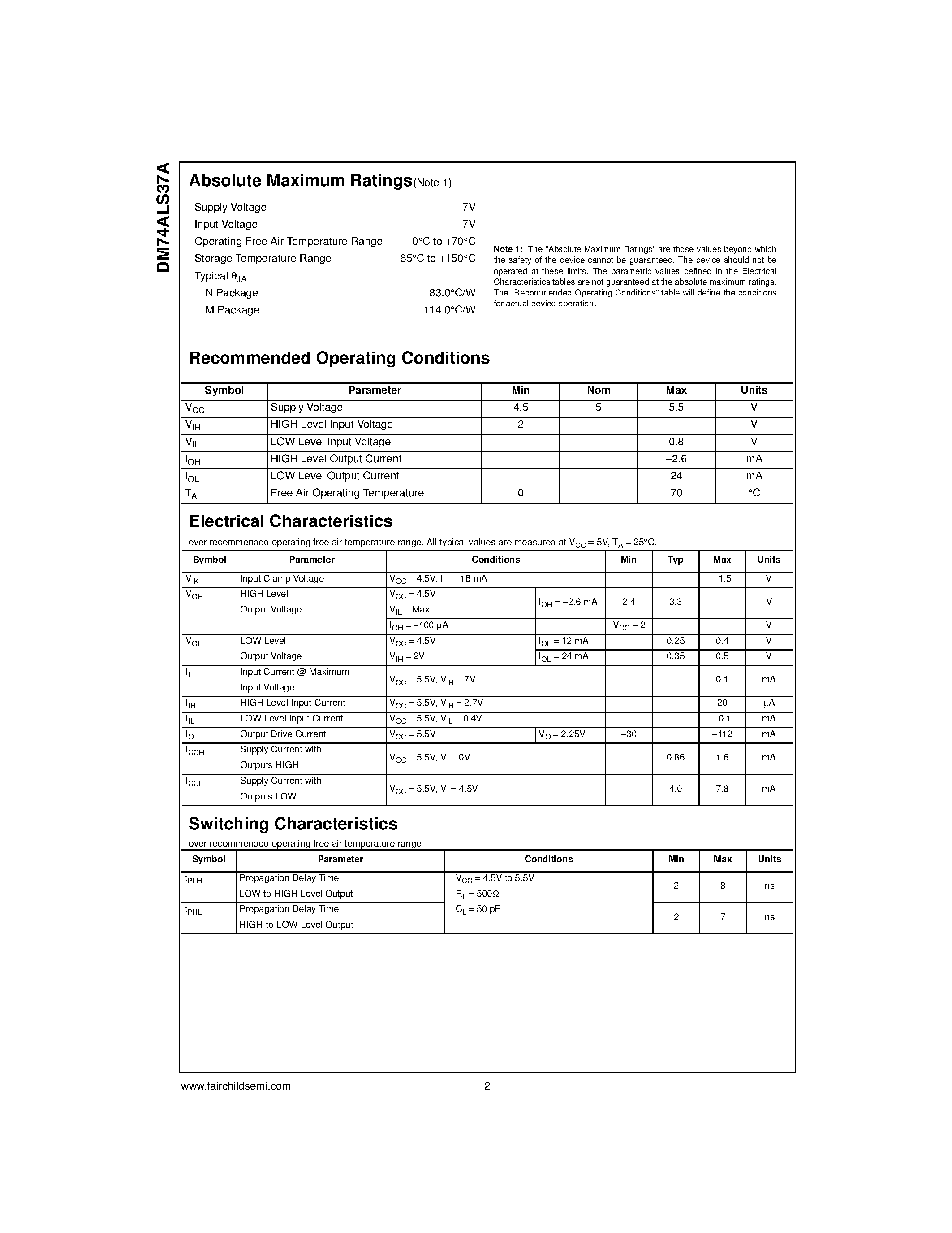 Datasheet DM74ALS37AN page 2 Datasheet DM74ALS37AN - Quadruple 2-Input NAND Buffer page 2