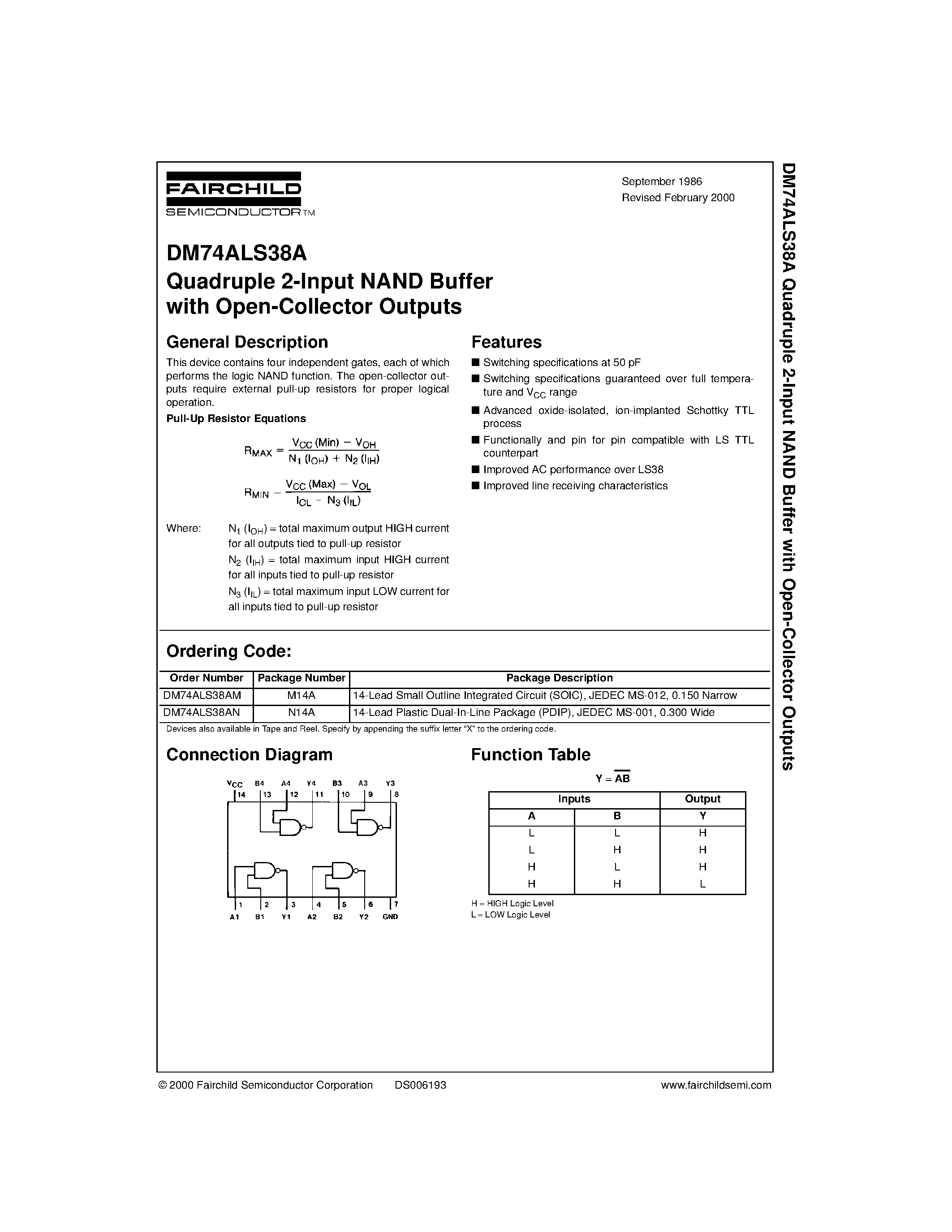 Даташит DM74ALS38A - Quadruple 2-Input NAND Buffer with Open-Collector Outputs страница 1