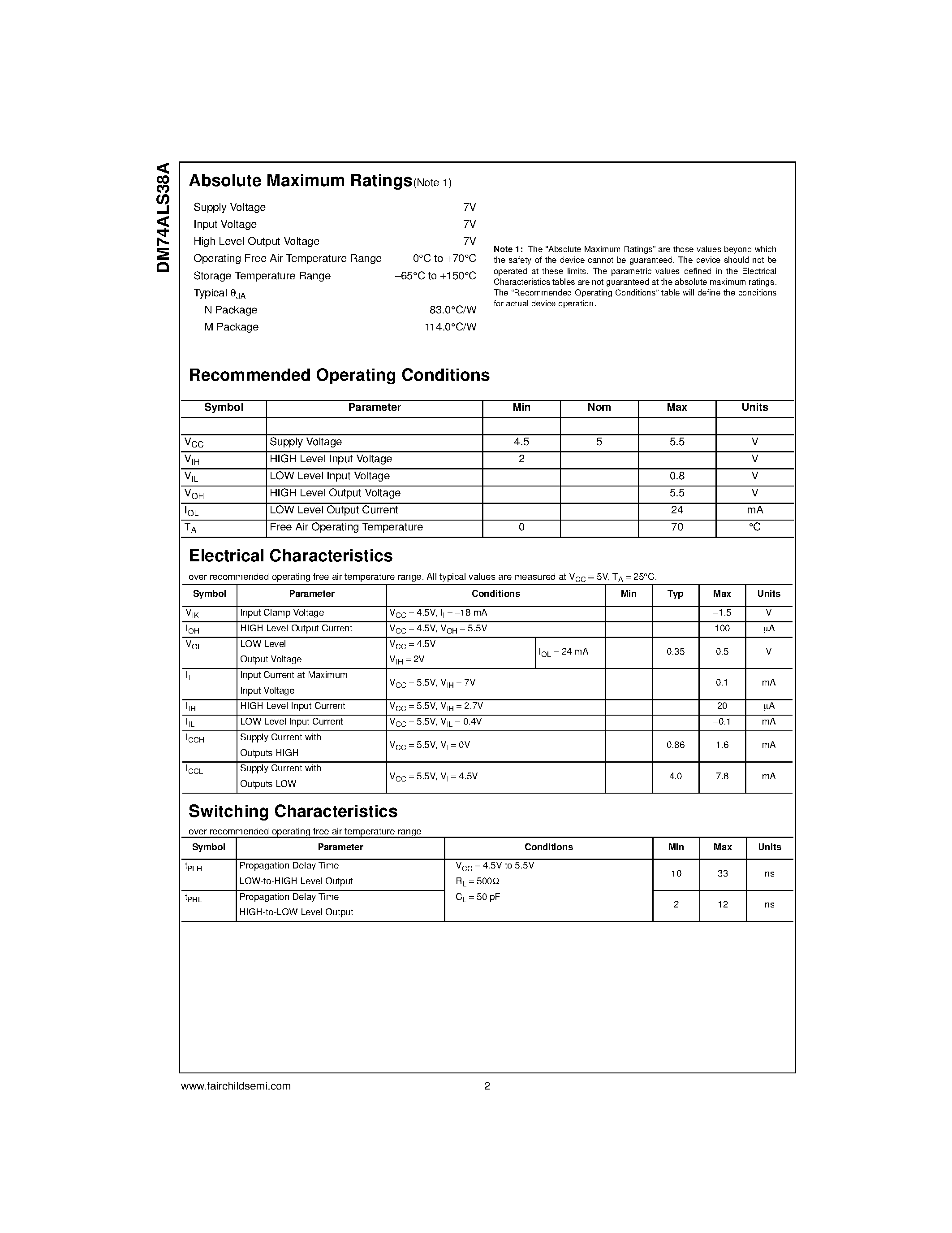 Даташит DM74ALS38A - Quadruple 2-Input NAND Buffer with Open-Collector Outputs страница 2