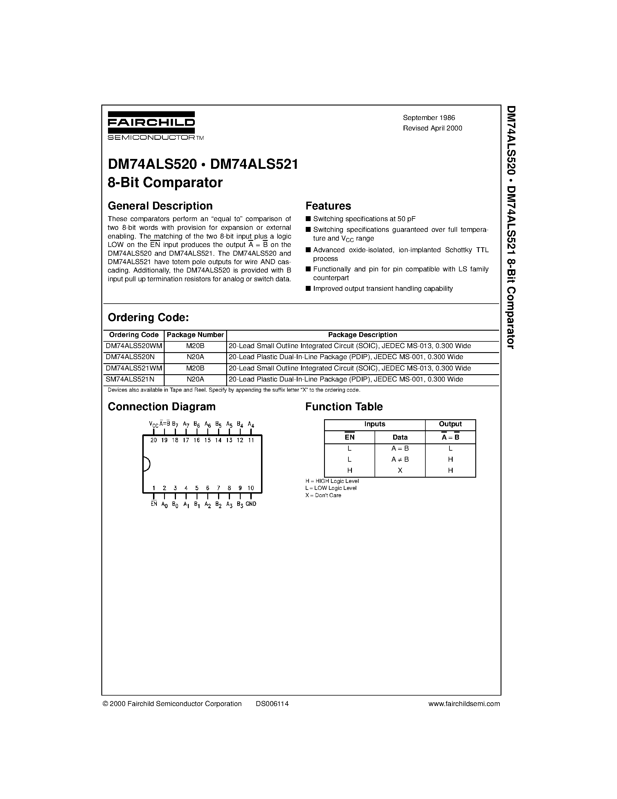 Datasheet DM74ALS521WM page 1 Datasheet DM74ALS521WM - 8-Bit Comparator page 1