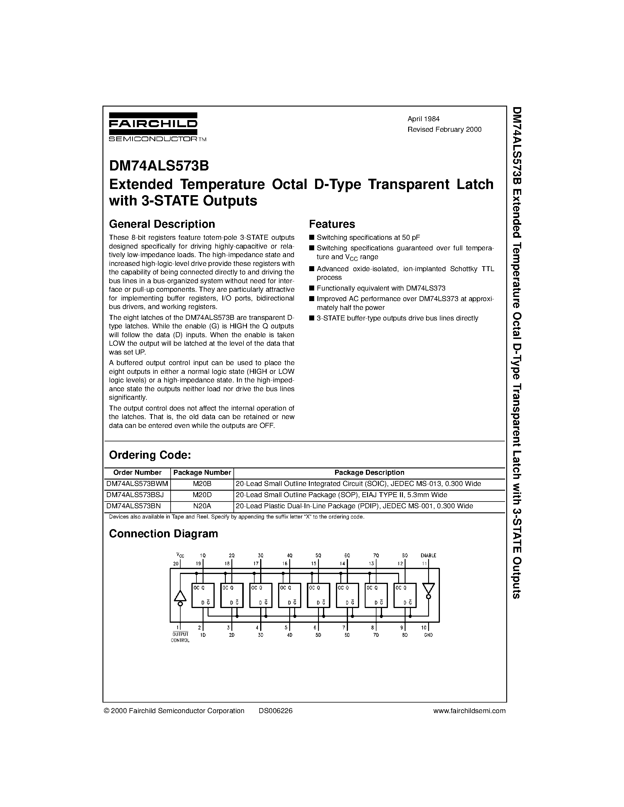 Даташит DM74ALS573BSJ - Extended Temperature Octal D-Type Transparent Latch страница 1