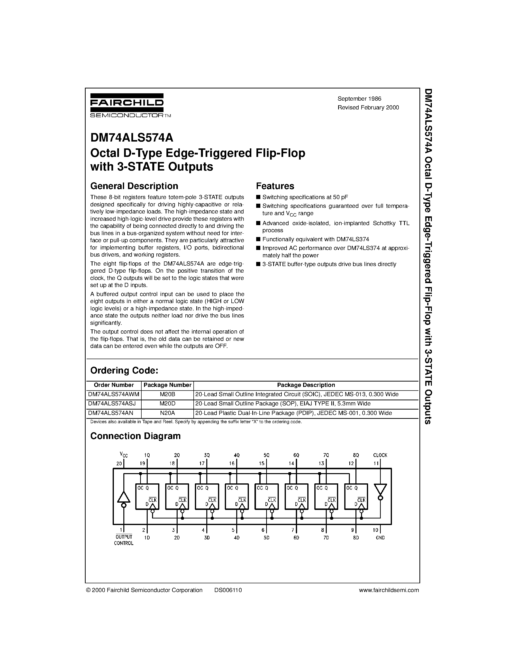 Даташит DM74ALS574ASJ - Octal D-Type Edge-Triggered Flip-Flop with 3-STATE Outputs страница 1