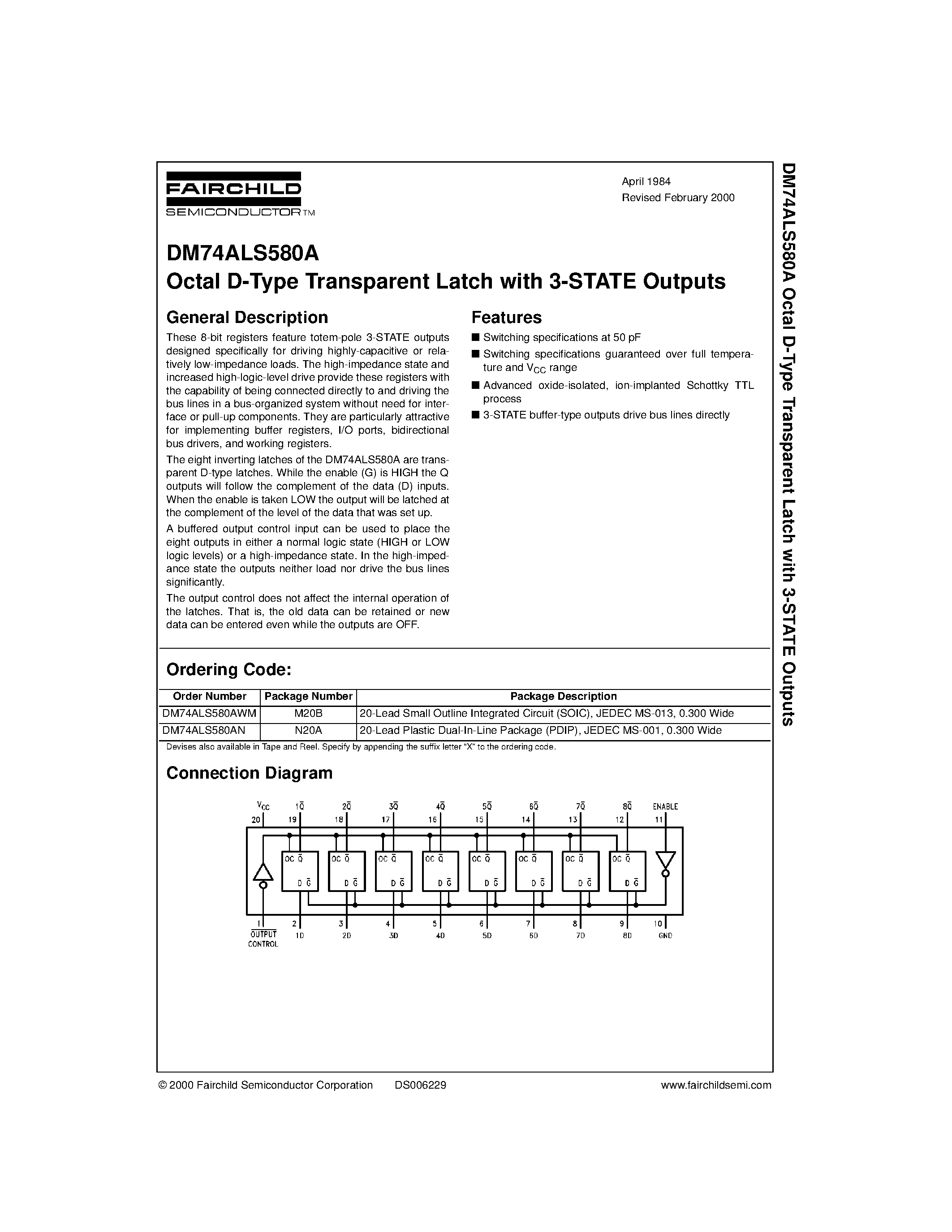Datasheet DM74ALS580AWM - Octal D-Type Transparent Latch with 3-STATE Outputs page 1