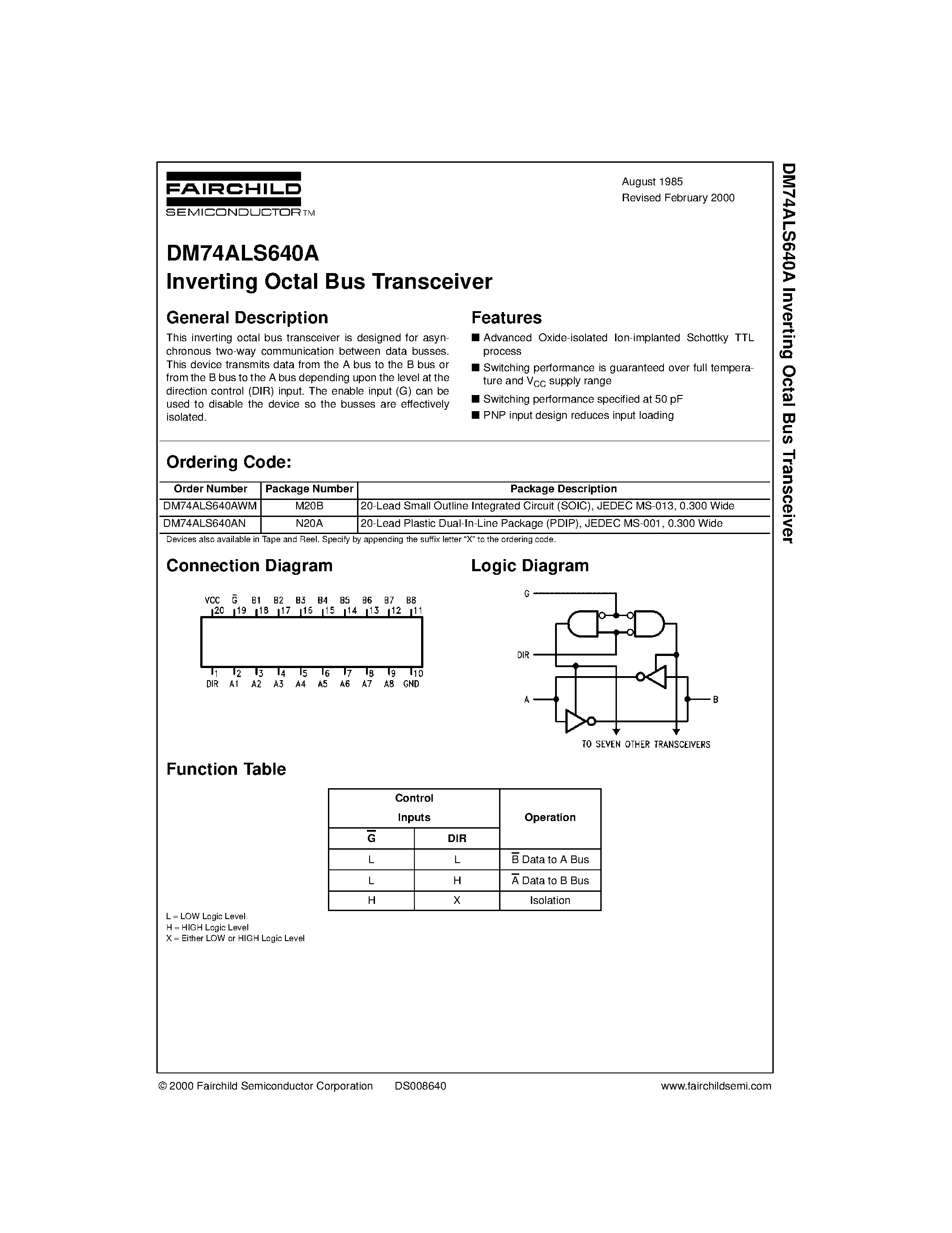Datasheet DM74ALS640 page 1 Datasheet DM74ALS640 - Inverting Octal Bus Transceiver page 1