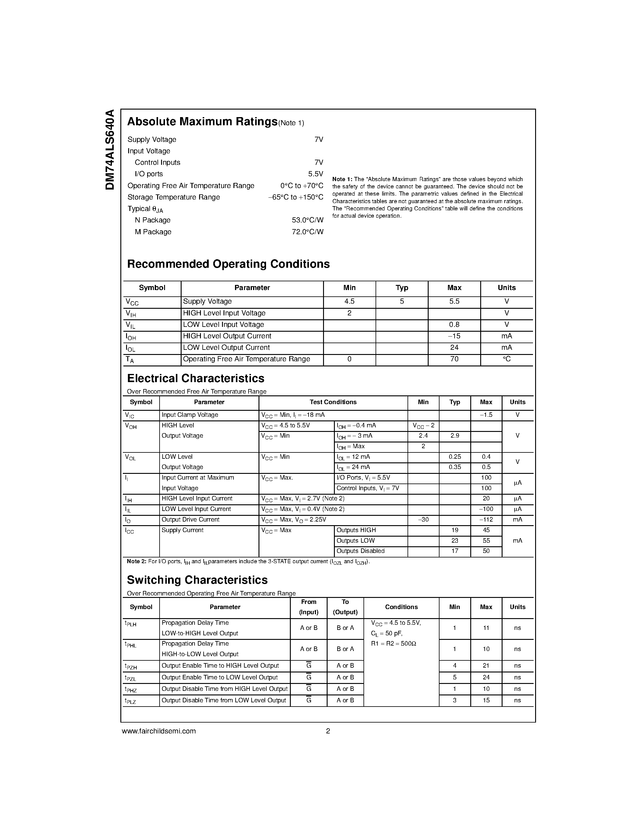Datasheet DM74ALS640 page 2 Datasheet DM74ALS640 - Inverting Octal Bus Transceiver page 2