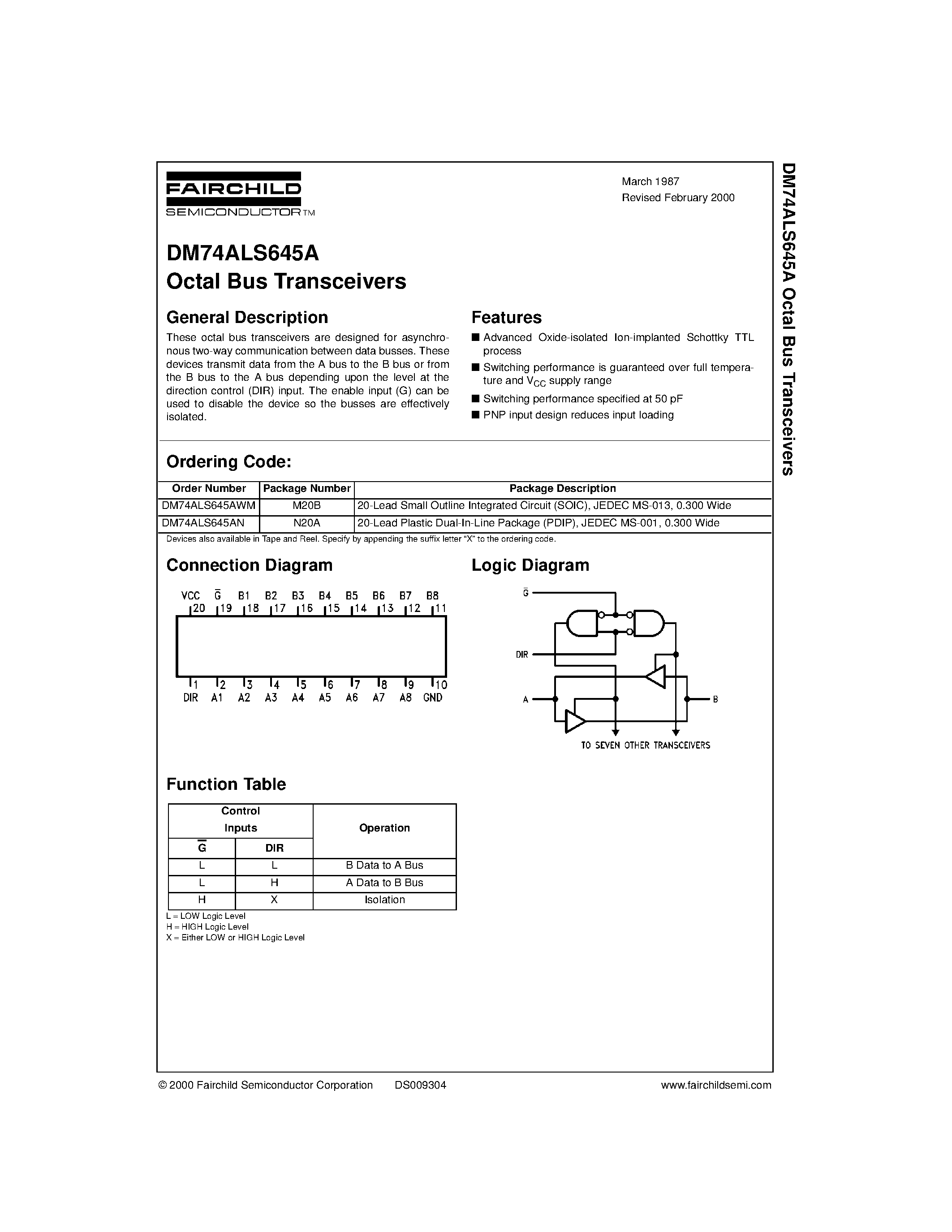 Datasheet DM74ALS645AN - Octal Bus Transceivers page 1