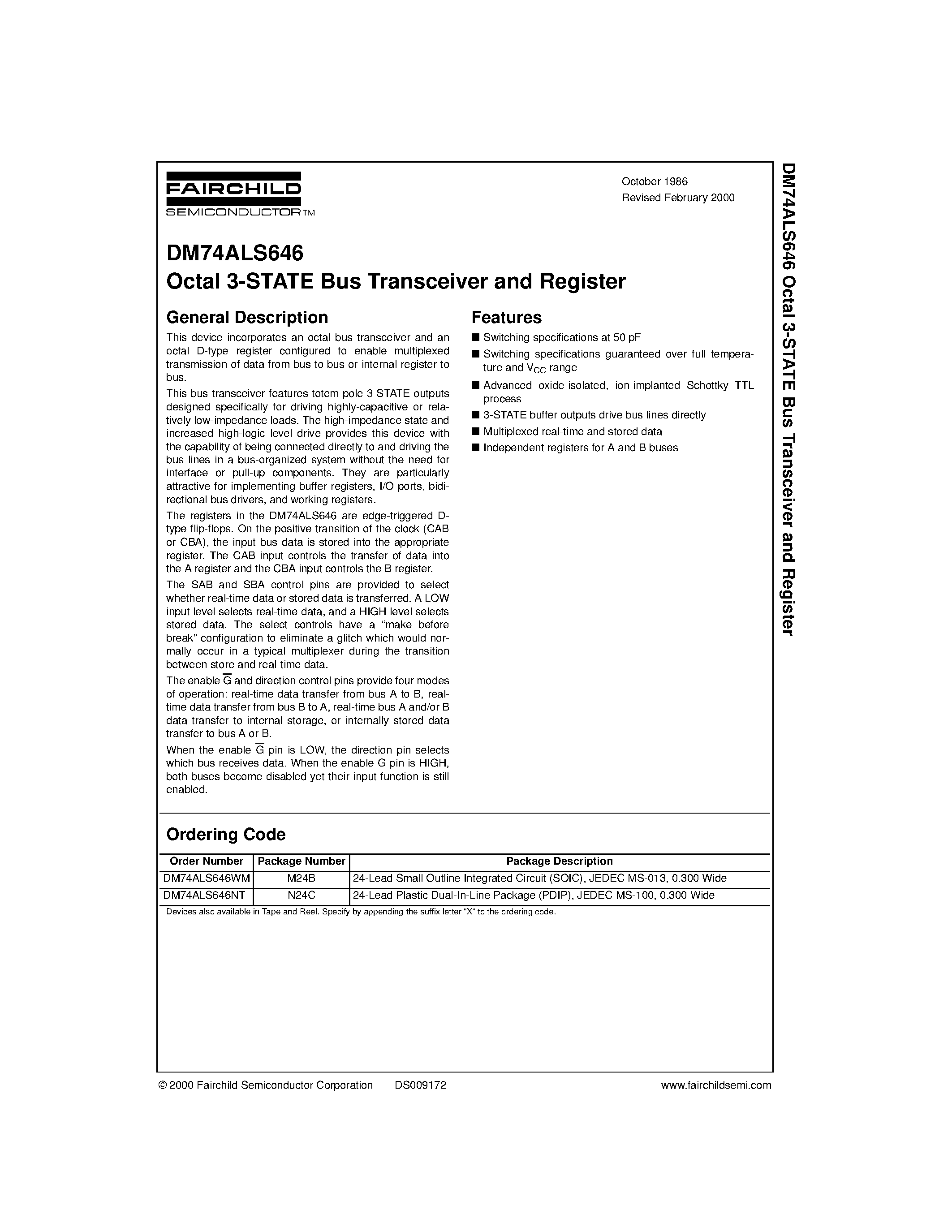 Datasheet DM74ALS646NT - Octal 3-STATE Bus Transceiver and Register page 1