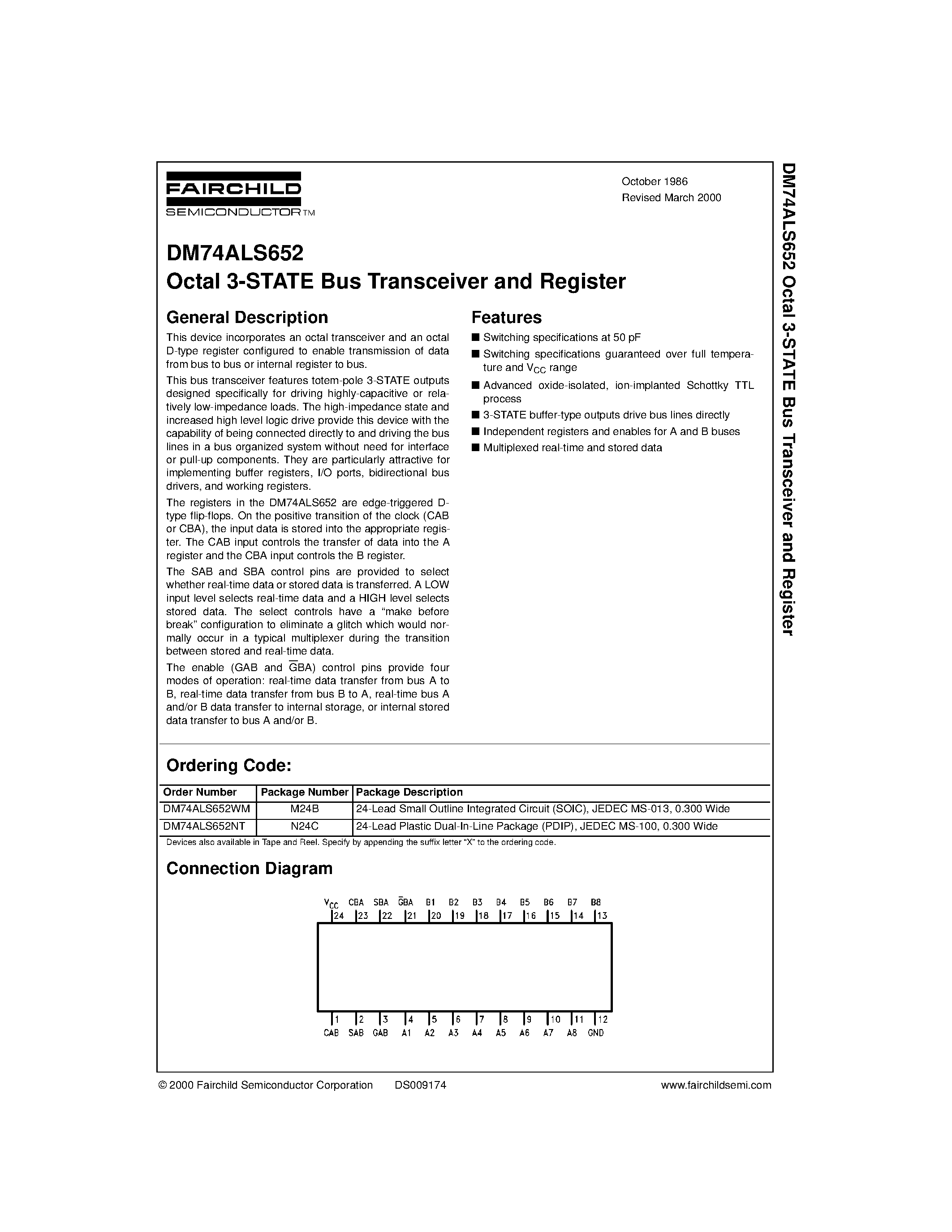 Datasheet DM74ALS652NT - Octal 3-STATE Bus Transceiver and Register page 1