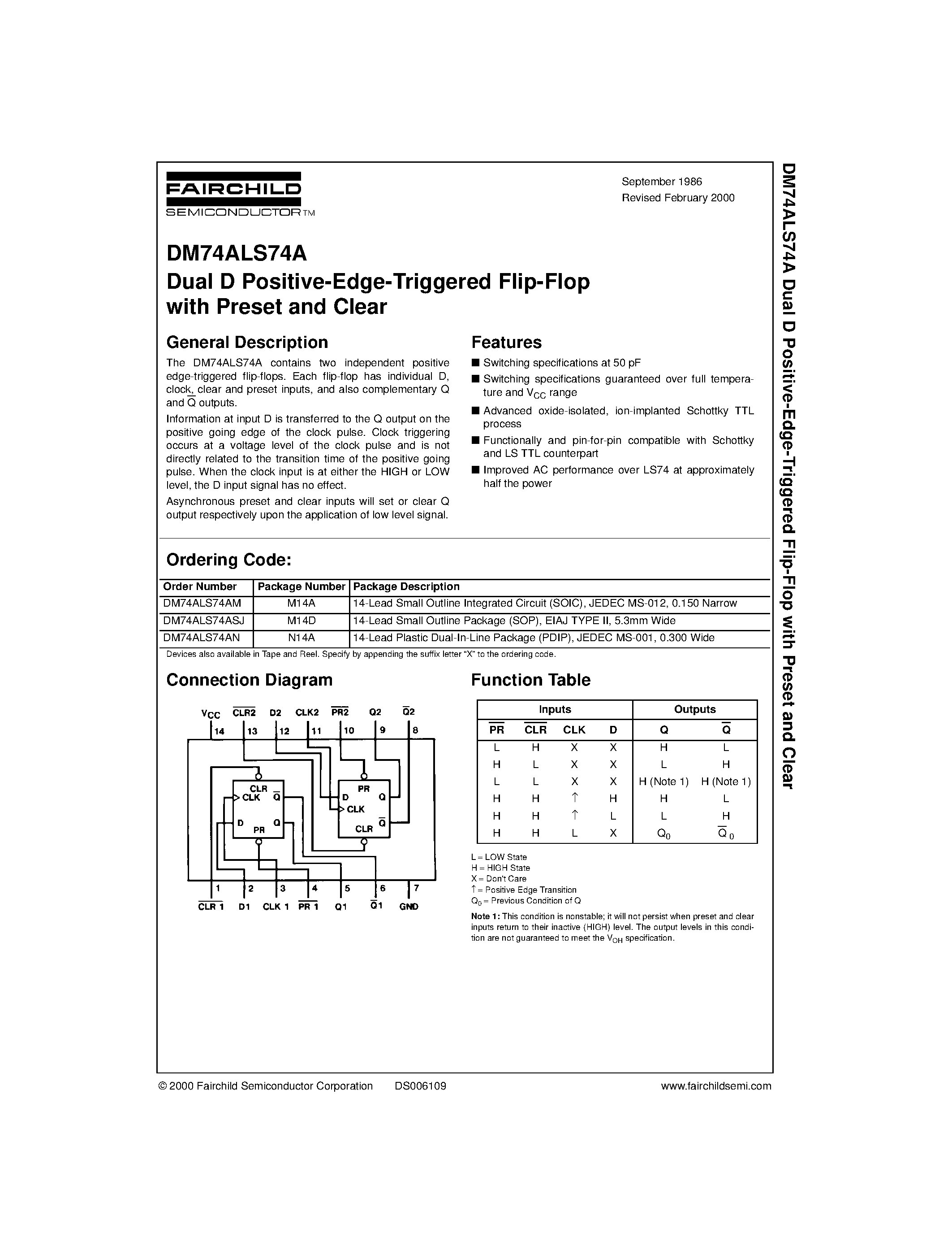 Datasheet DM74ALS74ASJ - Dual D Positive-Edge-Triggered Flip-Flop with Preset and Clear page 1
