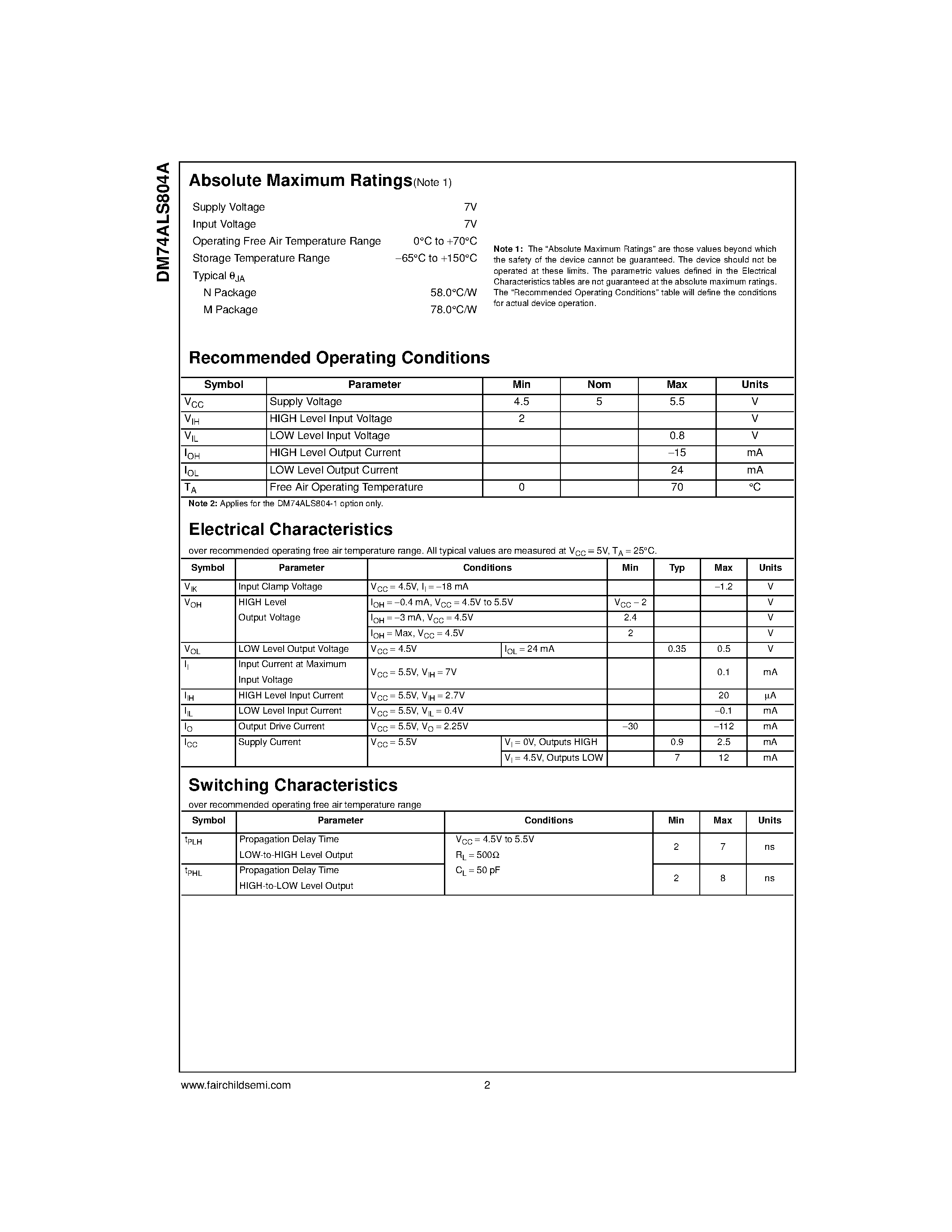 Datasheet DM74ALS804A - Hex 2-Input NAND Driver page 2