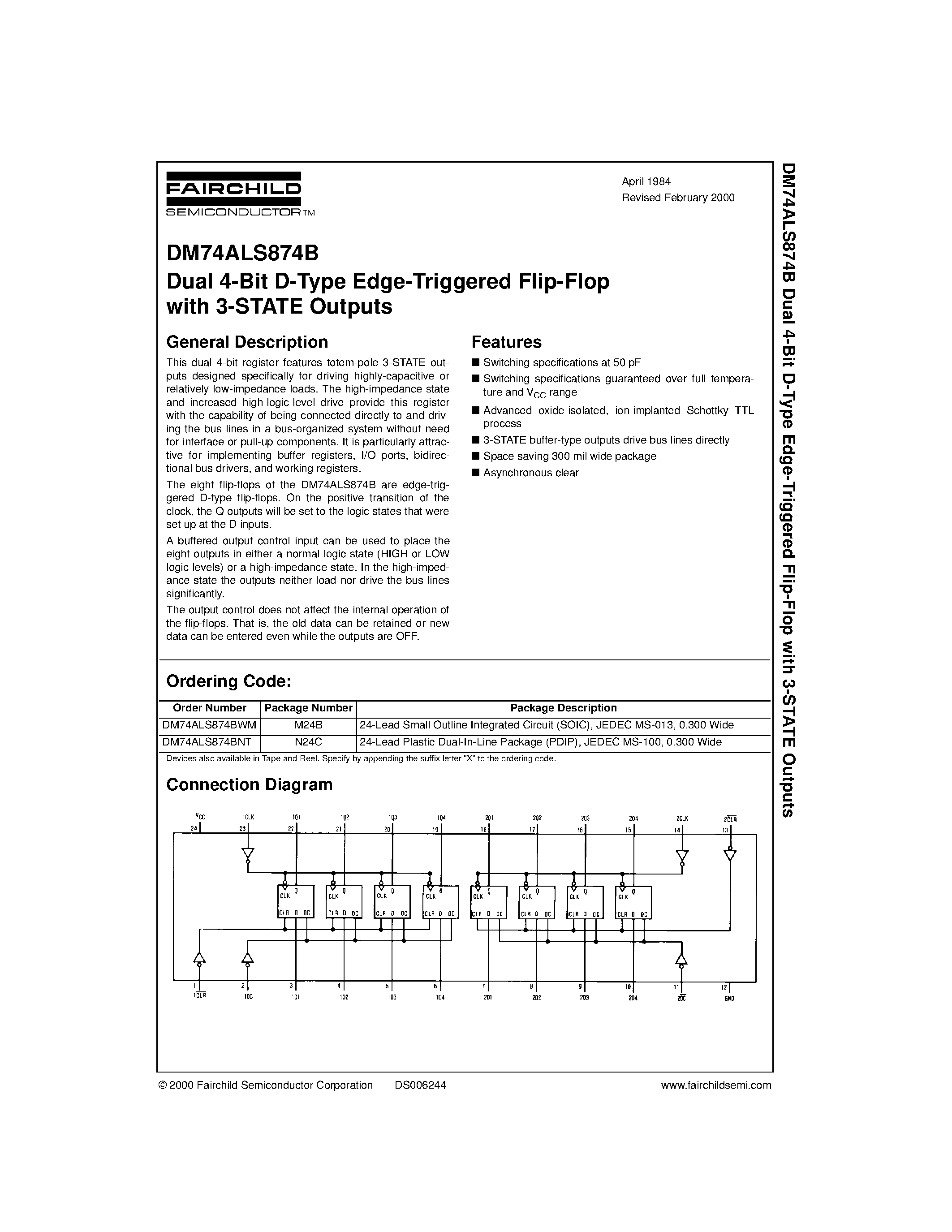 Datasheet DM74ALS874BWM page 1 Datasheet DM74ALS874BWM - Dual 4-Bit D-Type Edge-Triggered Flip-Flop with 3-STATE Outputs page 1
