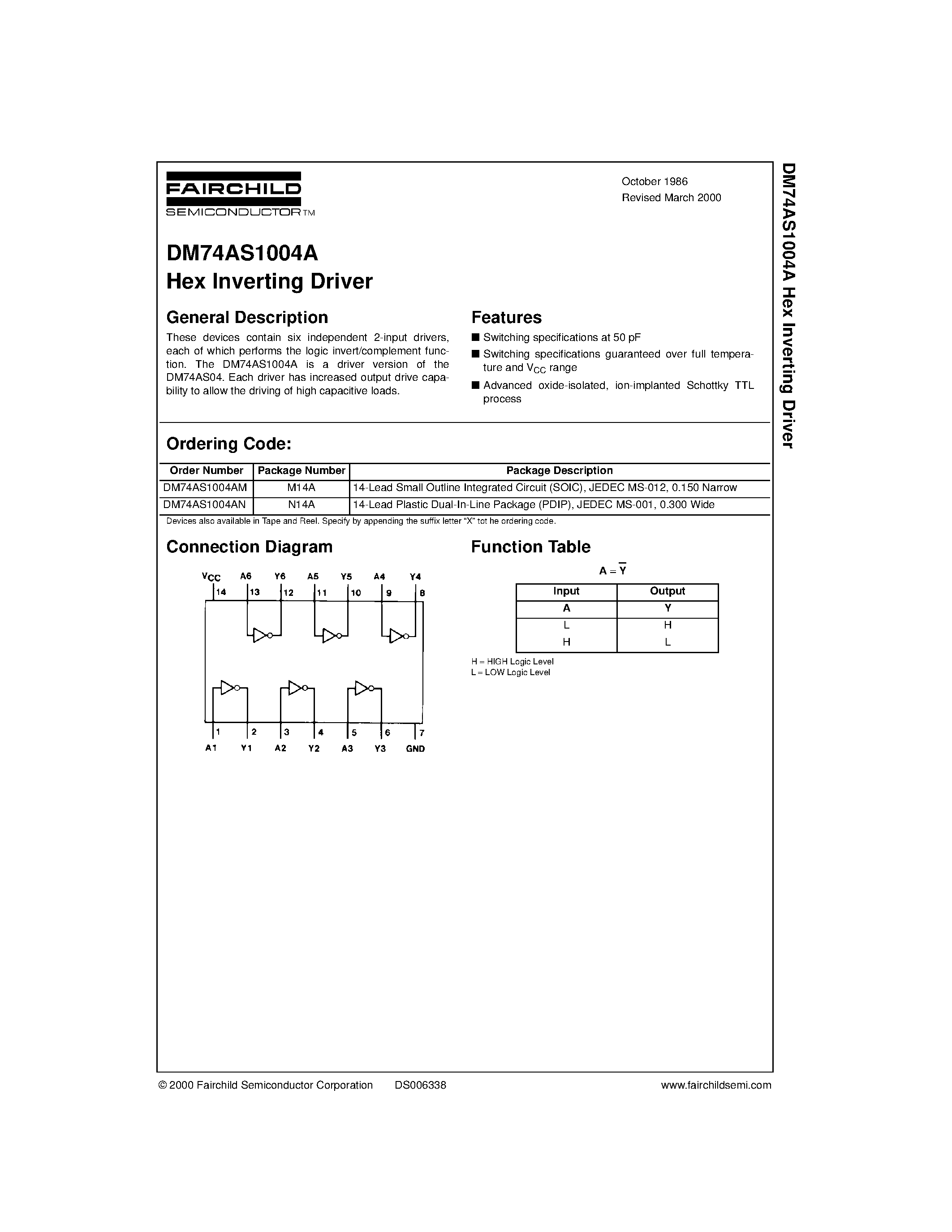 Datasheet DM74AS1004AN - Hex Inverting Driver page 1